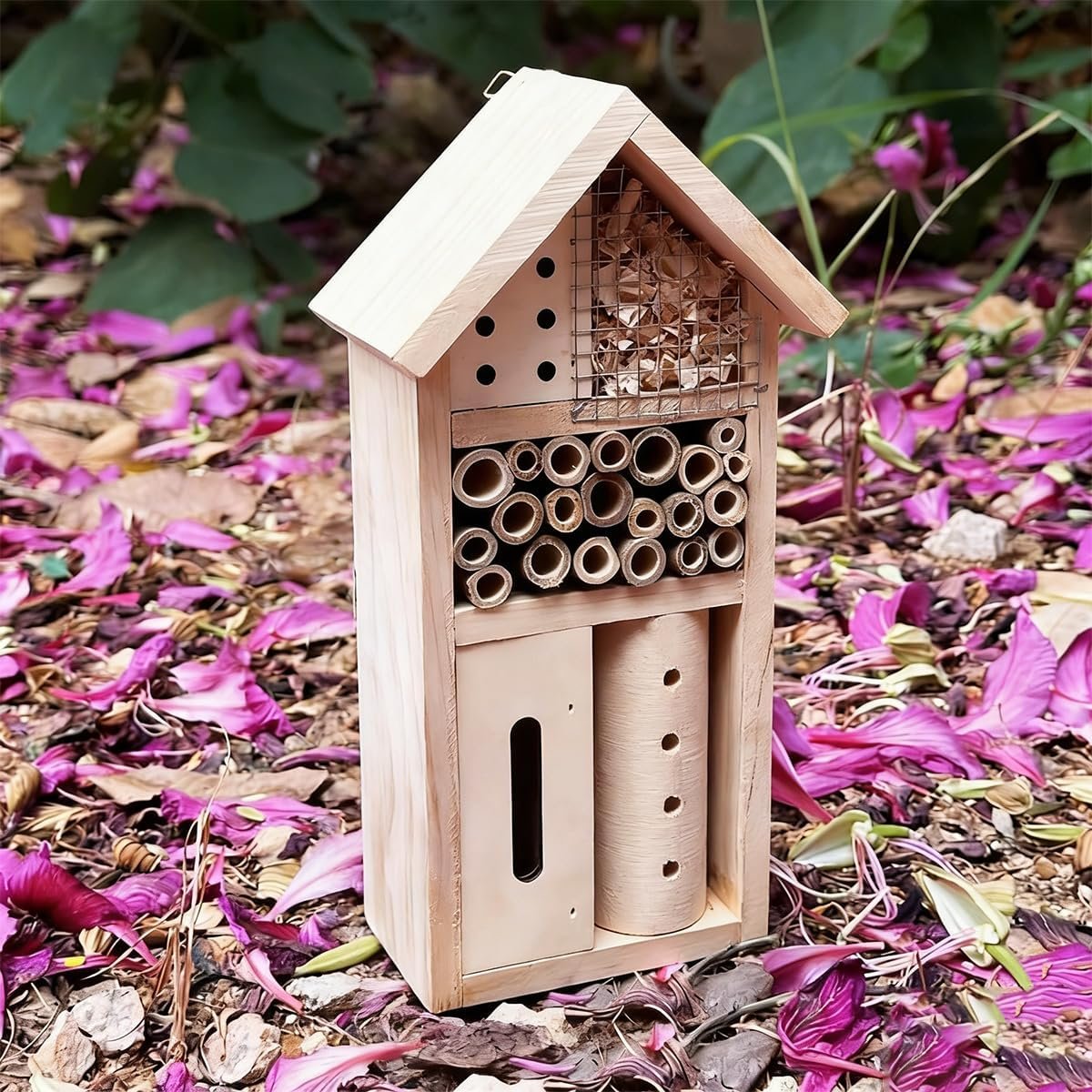 Wooden Insect Hotel for Garden – Bee House & Ladybug House, Pollinator Bug Hotel/Bug House to Attract Beneficial Garden Insects (Natural Wood Color)