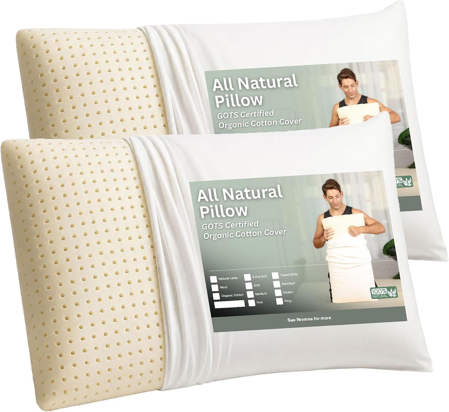 ORGANIC TEXTILES 100% Talalay Latex Bed Pillow with GOTS Certified Organic Cotton Cover (King Size – Medium) – Pack of 2