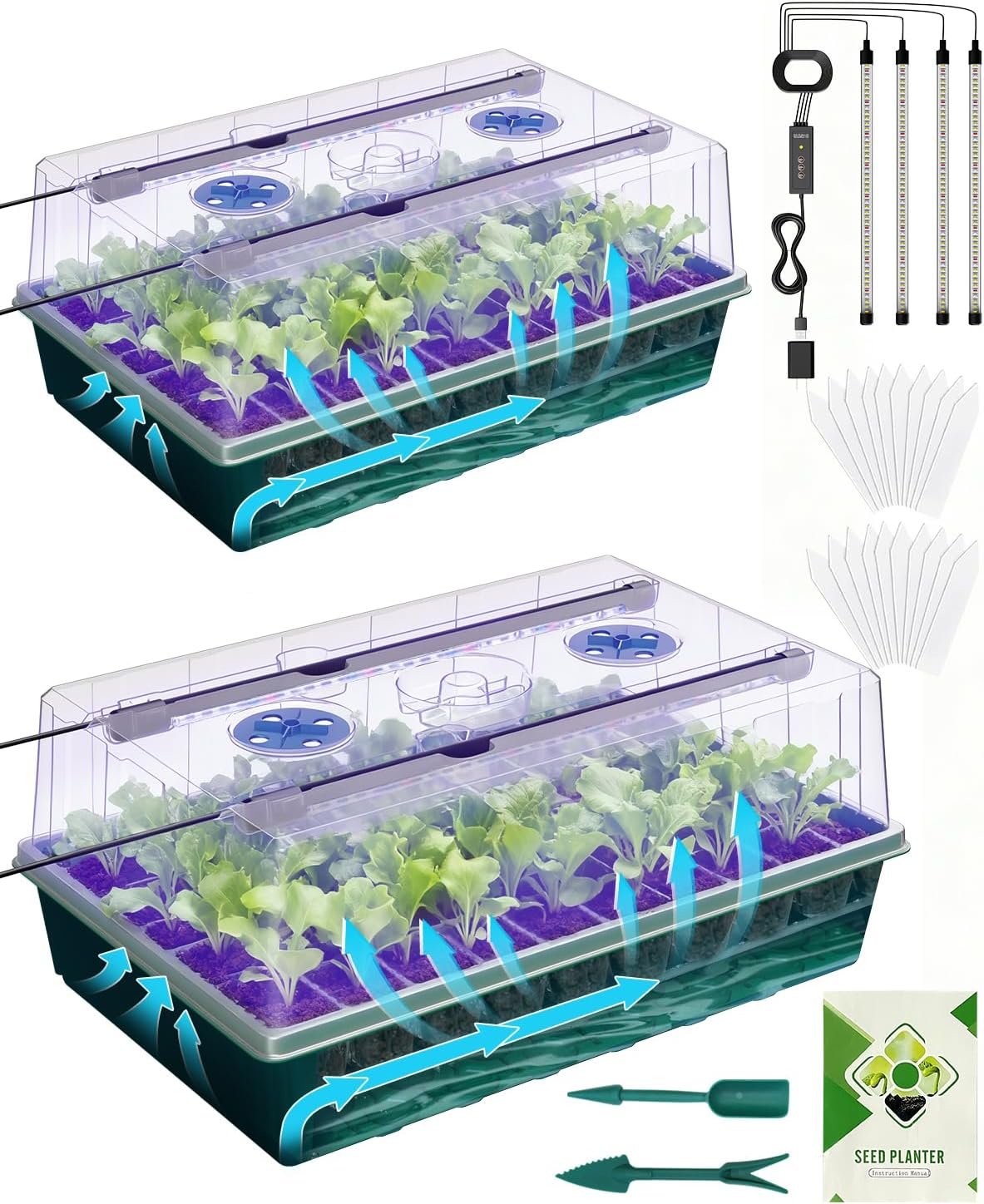 2PCS 120 Cell Self-Watering Seed Starter Tray Kit with Grow Light Humidity Dome,120-Cell Large Plant Seedling Tray, 3 Color Growing Light, Seed Starting Trays for Plant Germination（2PCS, 120 Cell）