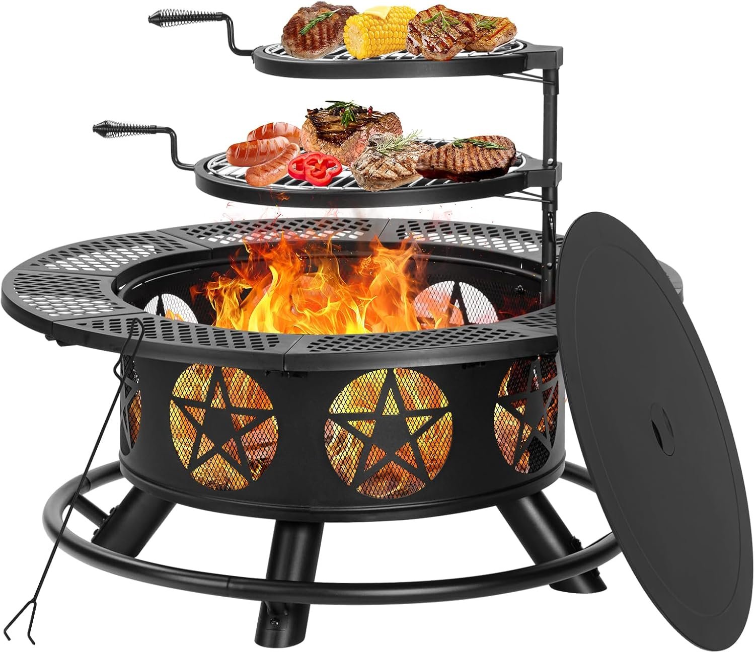 Outvue 36 Inch Outdoor Fire Pits with 2 Grills, Lid & Poker