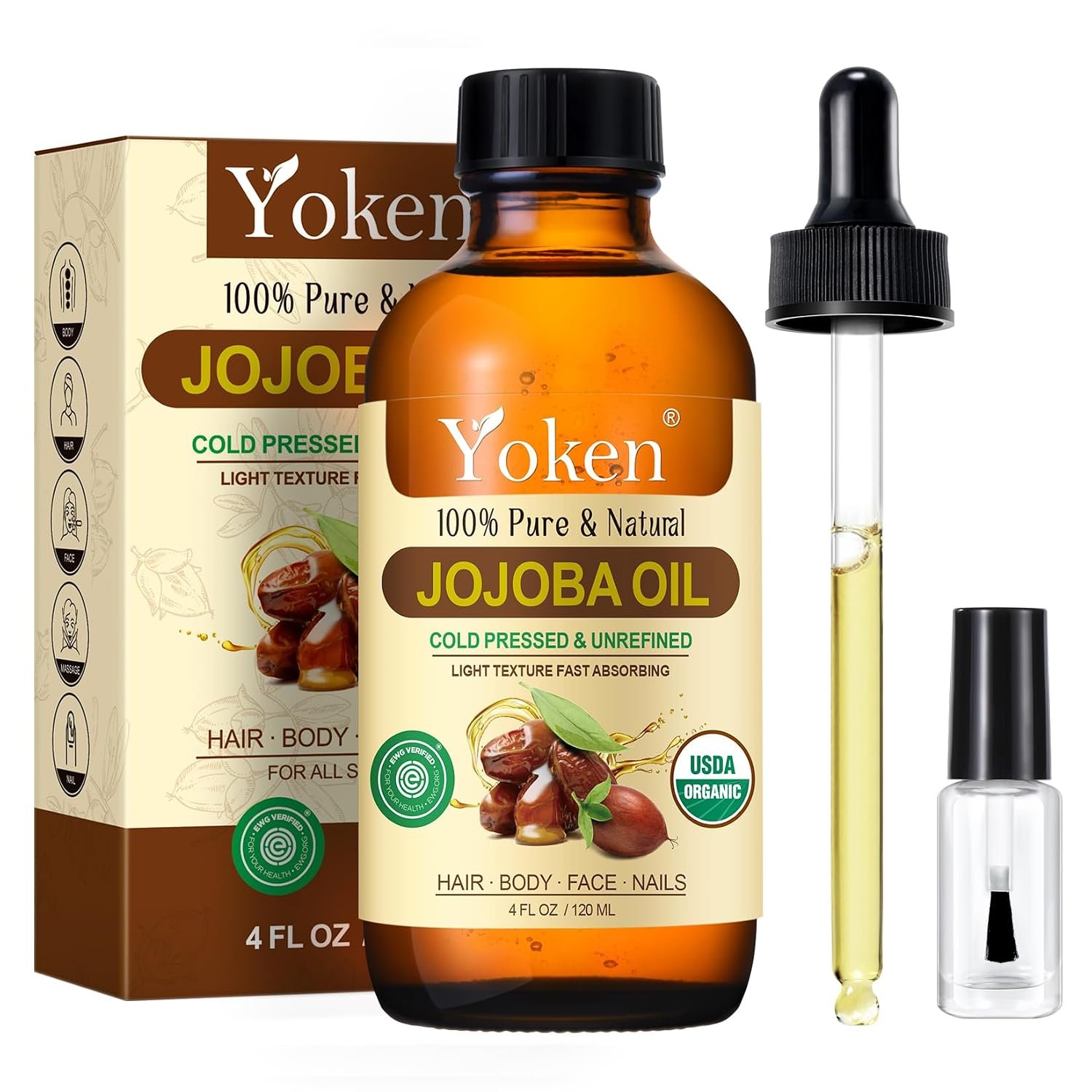 Yoken Organic Jojoba Oil 4oz with dropper, Pure for Nails, Face & Skin Care