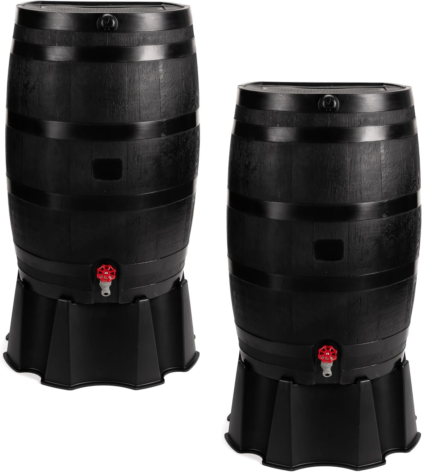 RTS Home Accents 50-Gallon ECO Rain Barrel Made with 100% Recycled Plastic, Flat Back Rain Water Collection Barrel, Stand and Link Kit Included, Black (2 Pack)