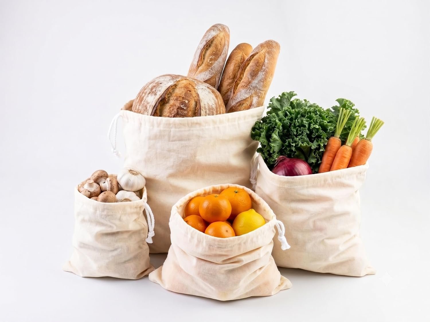 PurpleEssences Reusable Drawstring Bags, Multi Size – Set of 8 – Natural