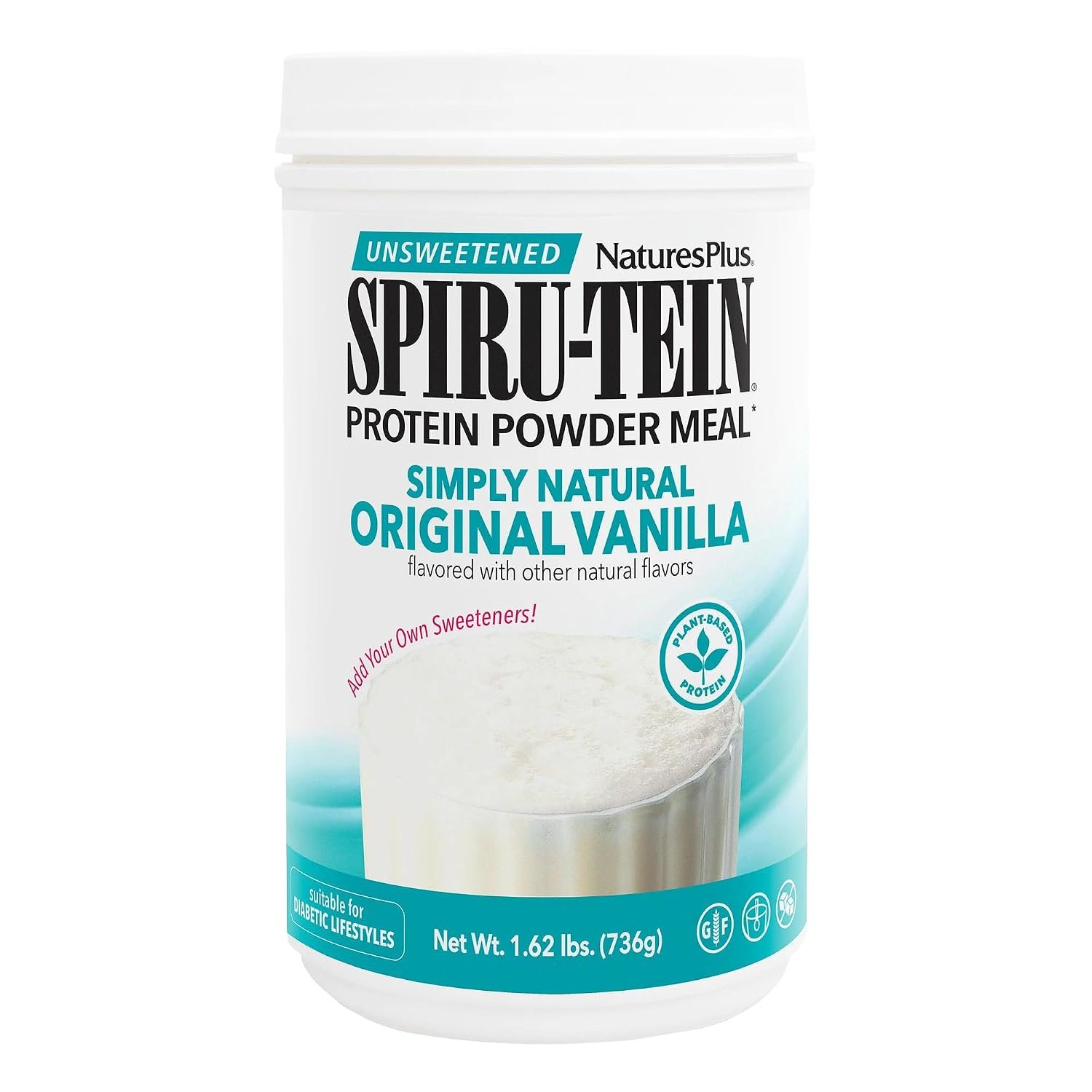 NaturesPlus SPIRU-TEIN Simply Natural, Original Vanilla – 1.63 lb – Unsweetened Plant-Based Protein Shake – 32 Servings