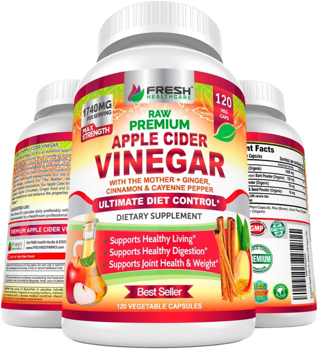 FRESH HEALTHCARE Apple Cider Vinegar Capsules with The Mother, 1740mg ACV Pills with Ceylon Cinnamon, Ginger & Cayenne, Non-GMO Gluten Free Vegan Supplement for Digestion and Bloating, 120 Count