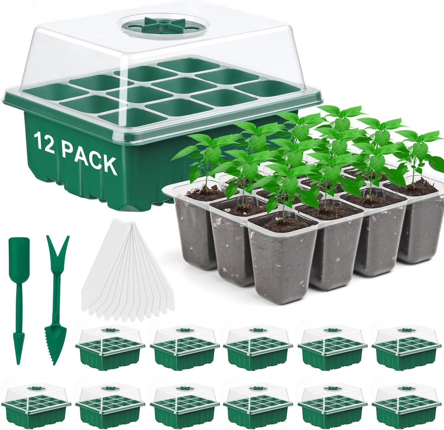 12 Pack Seed Starter Tray, 144Cell Stater Kit with Humidity Dome Green