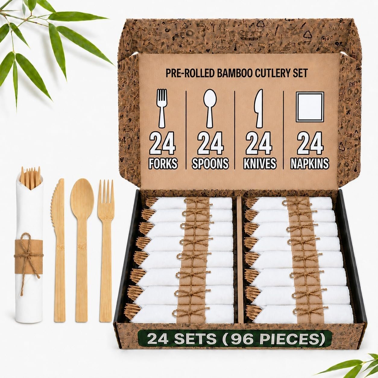 KOELHO’S Pre-Rolled Bamboo Cutlery Set 24-Pack 96 PCS | Bamboo Disposable Utensils 100% Biodegradable and Eco-Friendly | Wooden Utensils Disposable for Parties, Weddings, and Events