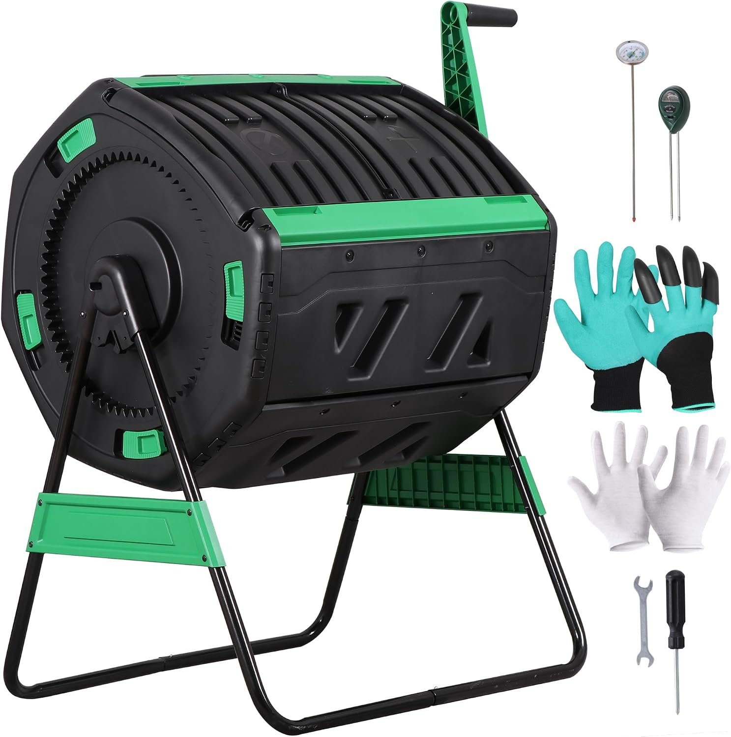 F2C 53Gal Dual Chamber Compost Tumbler, Octagonal Outdoor Compost Bin w/Thermometer, Soil Tester & Gloves, Rotating Composter for Backyard Garden Yard Waste