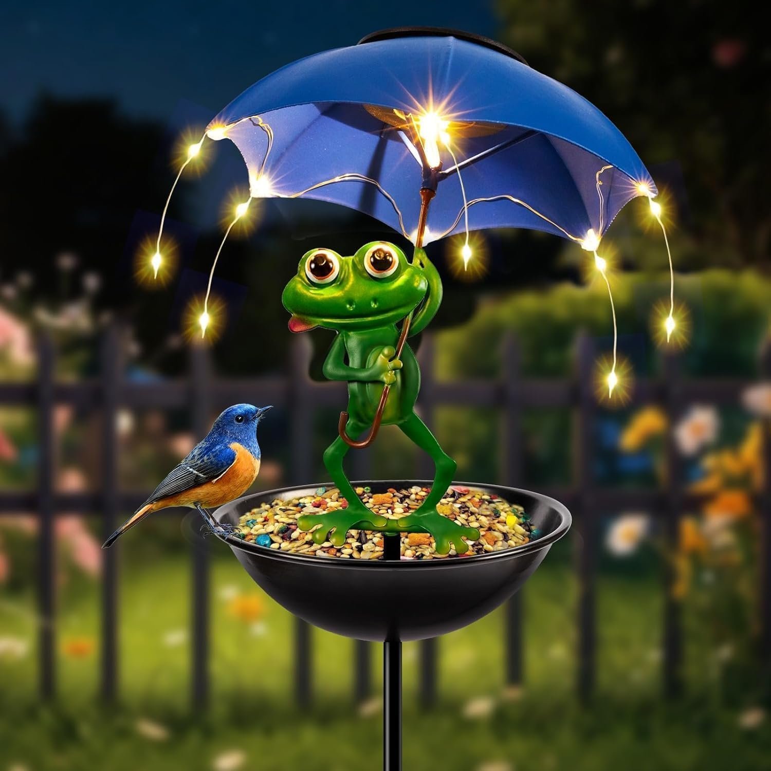 Solar Bird Feeder with LED Lights – Outdoor Frog Garden Decor, Hummingbird Feeder with Umbrella Solar Light Metal Yard Art Ornament Garden Gifts for Women
