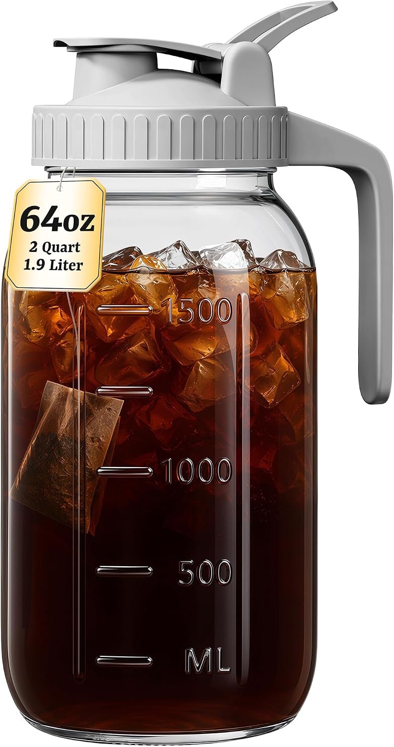 64 oz Mason Jar Pitcher, Glass Pitcher with Lid for Sun Tea & Iced Tea