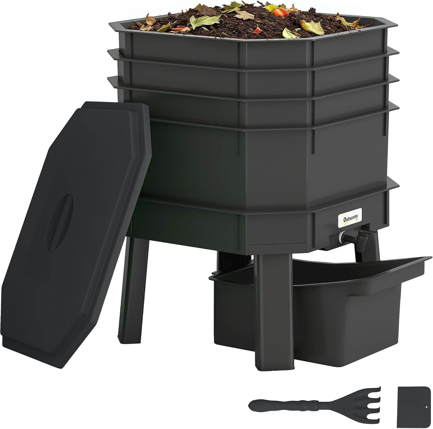 Outsunny 4-Tray Worm Composter Bin 7.4 Gal for Indoor & Outdoor, Black