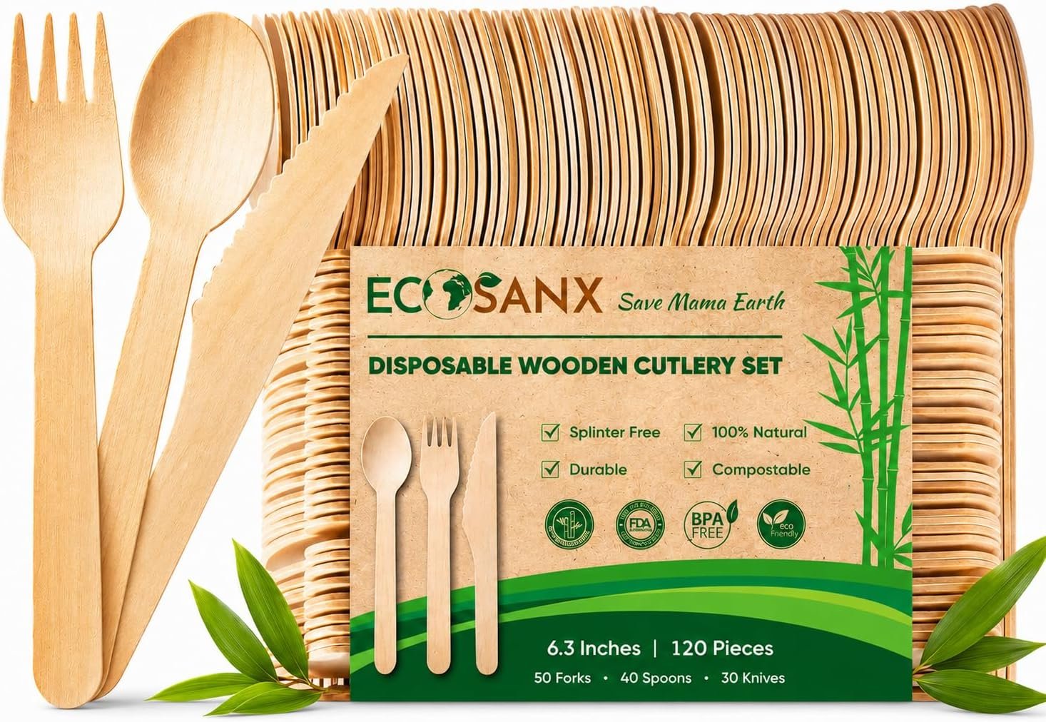 ECOSANX® 120 PCs Disposable Wooden Cutlery set 6.3″ Splinter Free Compostable Utensils for party, Eco-Friendly, 100% All-Natural Bamboo Utensils set for picnic, Bamboo cutlery set for Events & More