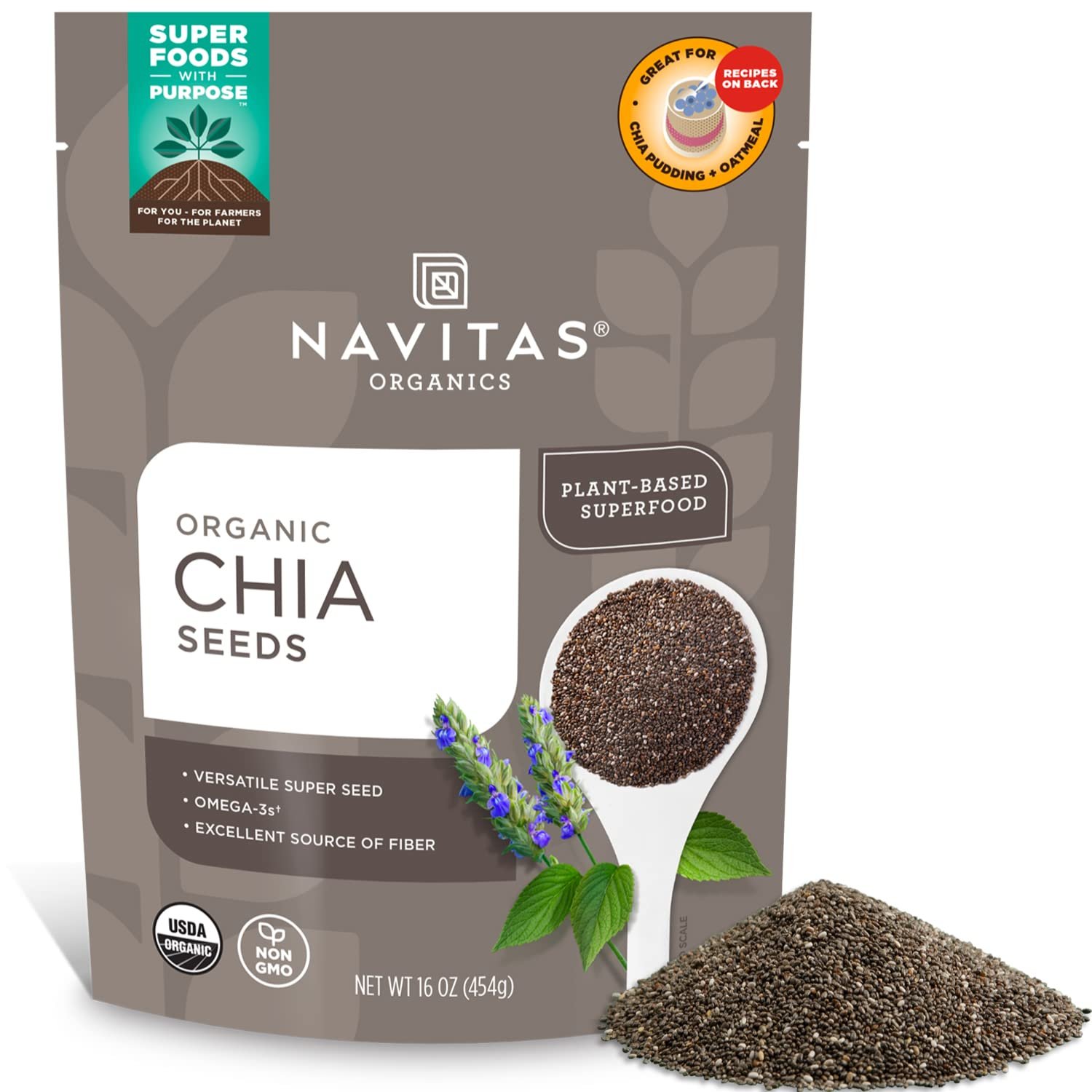 Navitas Organics Chia Seeds – For Chia Pudding, Smoothies, Baking, Salads & More – Omega 3, Fiber, Minerals – USDA Organic, Non GMO, Kosher, Gluten Free, Keto (16oz. Bag, 15 Servings)