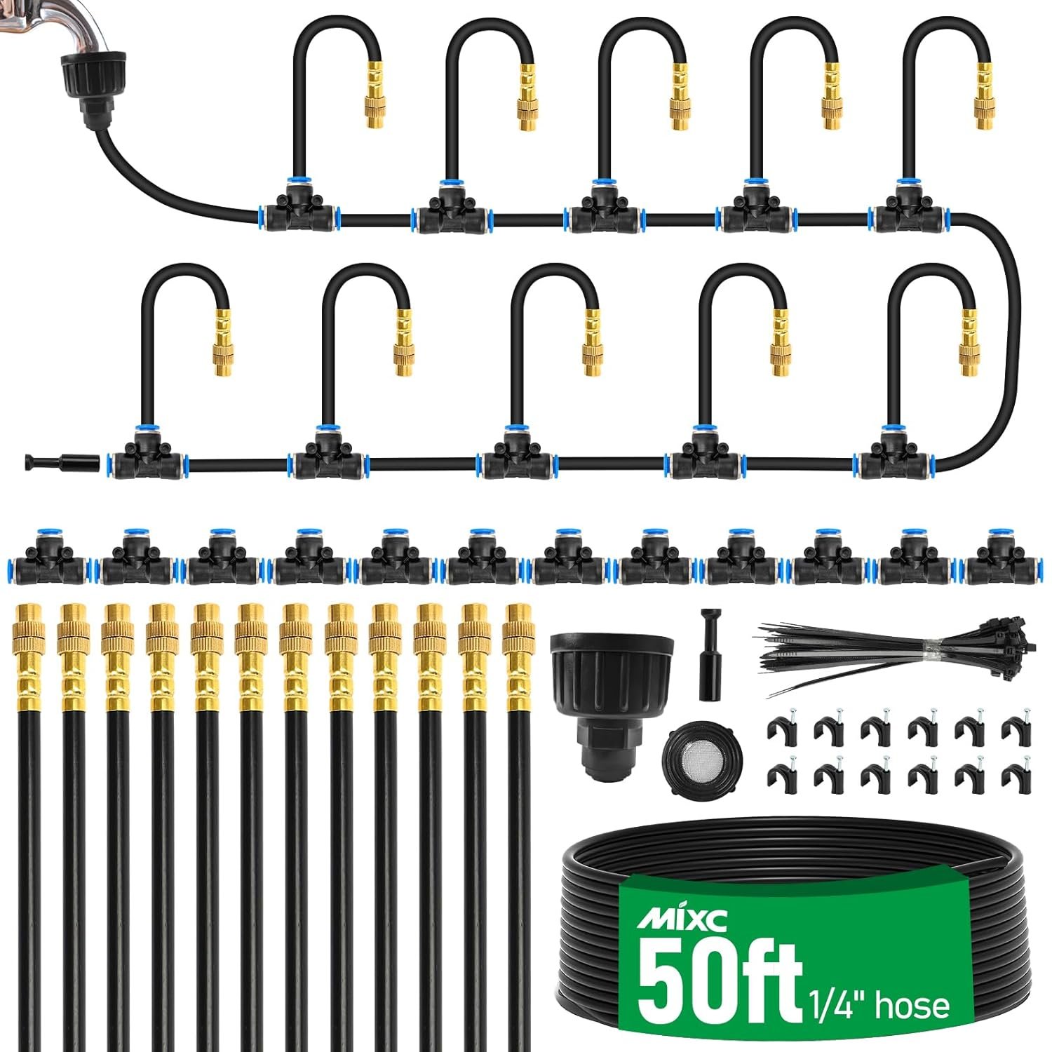 MIXC 50Ft 1/4″ Drip Irrigation System,2026-Upgrade Garden Irrigation Kit with 12pcs Adjustable Copper Nozzles,Automatic Atomizing Watering System for Outdoor Plants,Raised Bed,Yard,Potted Plant,Lawn