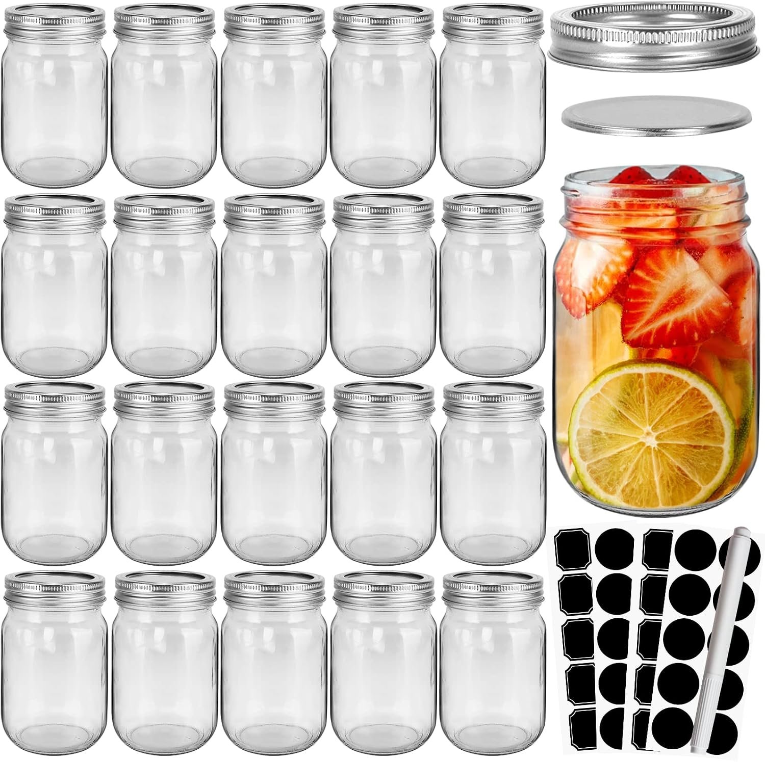 CycleMore 20 Pcs 12oz Glass Mason Jars With Silver Separable Lids