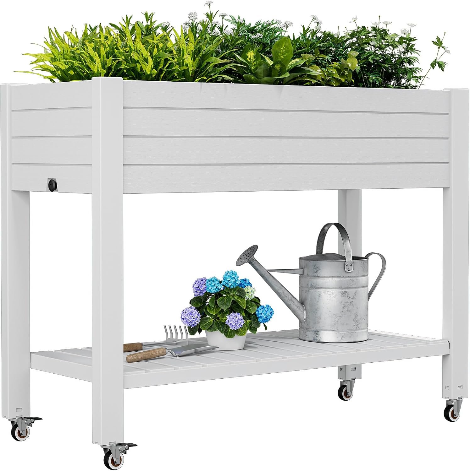 Elevate 33.7″ Tall Raised Garden Bed with Wheels, Divisible Resin Planter Box with Drainage Gauge & Storage Shelf, Herb Planter for Garden Patio Backyard, Ashen (33.7″ h)