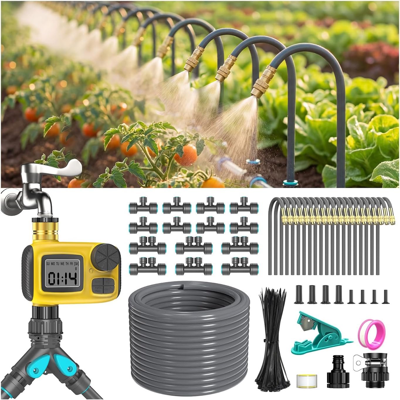 98FT 1/2″ Drip Irrigation System Kit with Water Timer for Garden