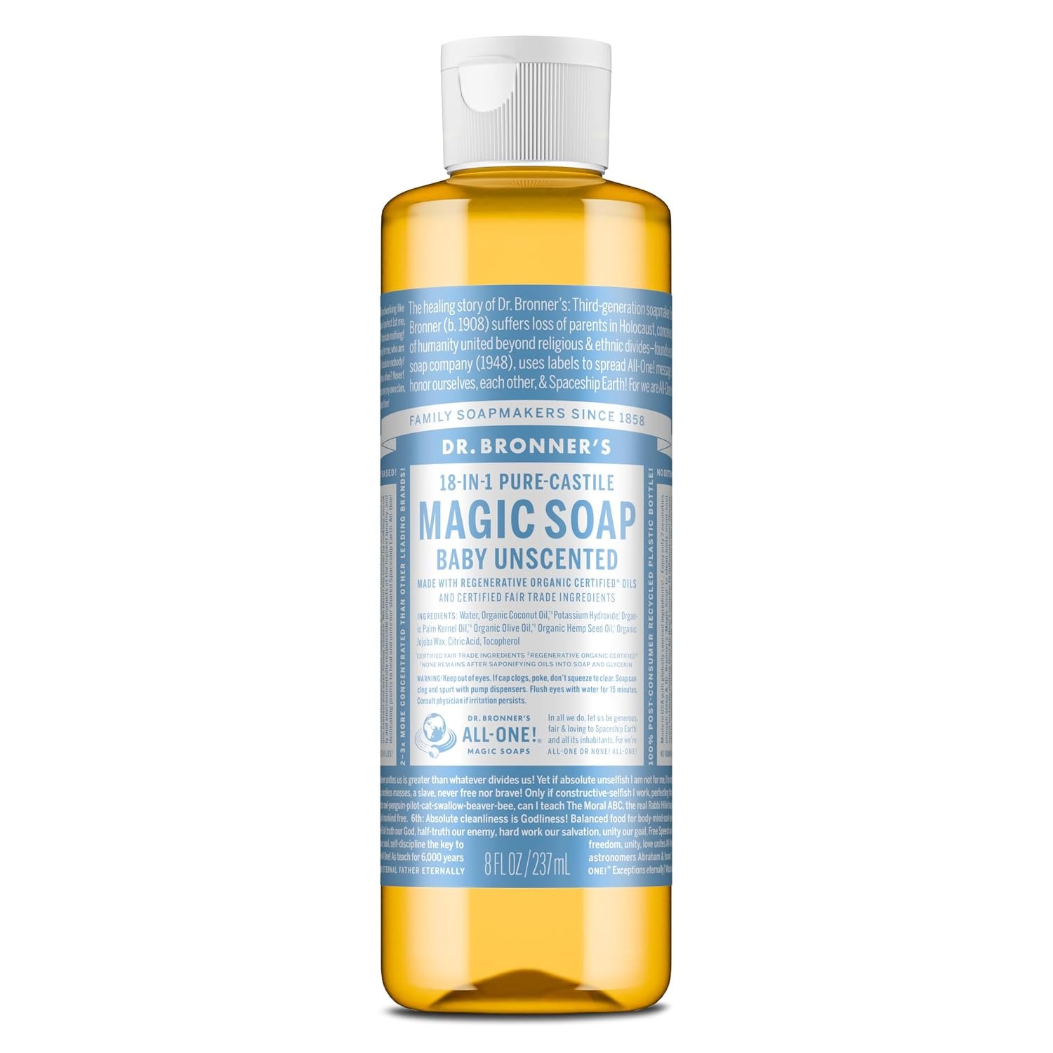 Dr. Bronner’s Baby Unscented Pure-Castile Liquid Soap, Body Wash, 8 oz