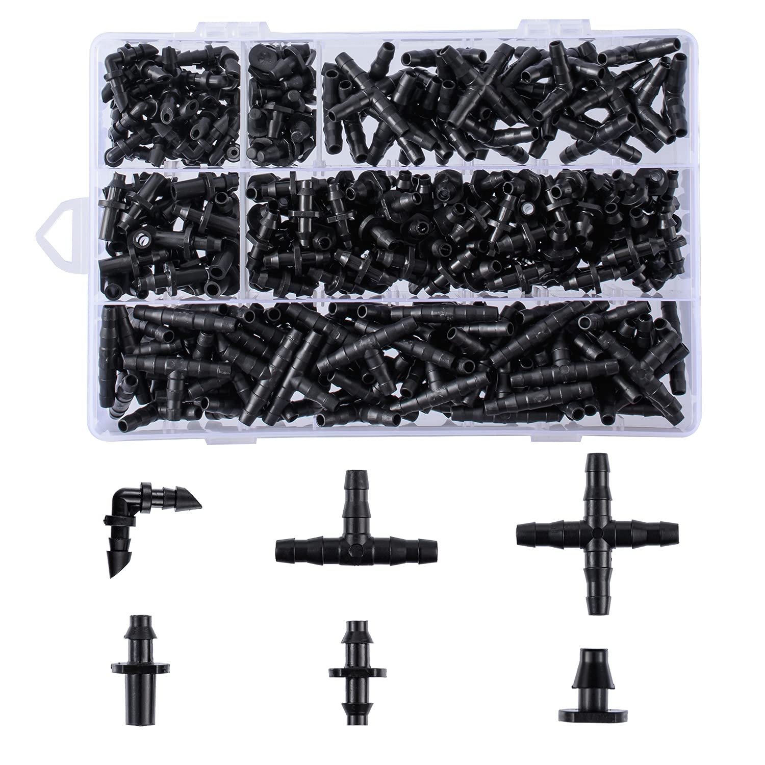 280 Pcs Barbed Connectors Irrigation Fittings Kit,Drip Irrigation Barbed Connectors 1/4”Tubing Fittings Kit for Flower Pot Garden Lawn(Straight Barbs,Single Barbs,Tees,Elbows,End Plug,4-Way Coupling)