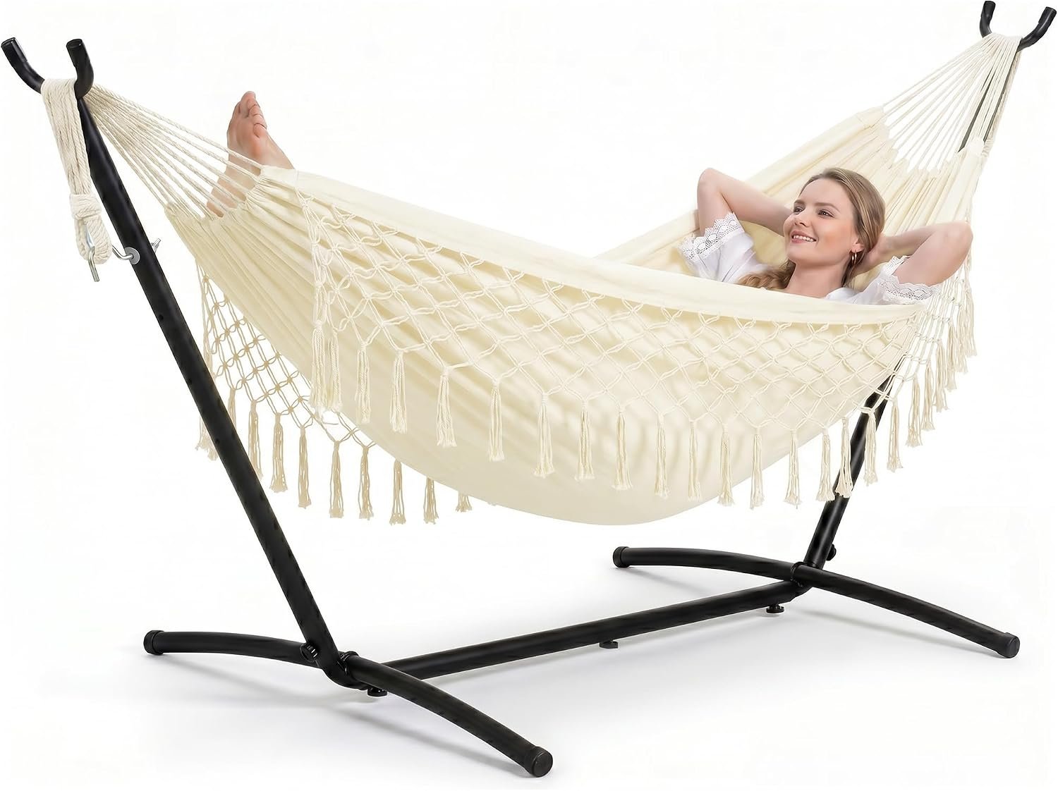 SUNCREAT Backyard Double Hammock with Stand, Beige Tassels