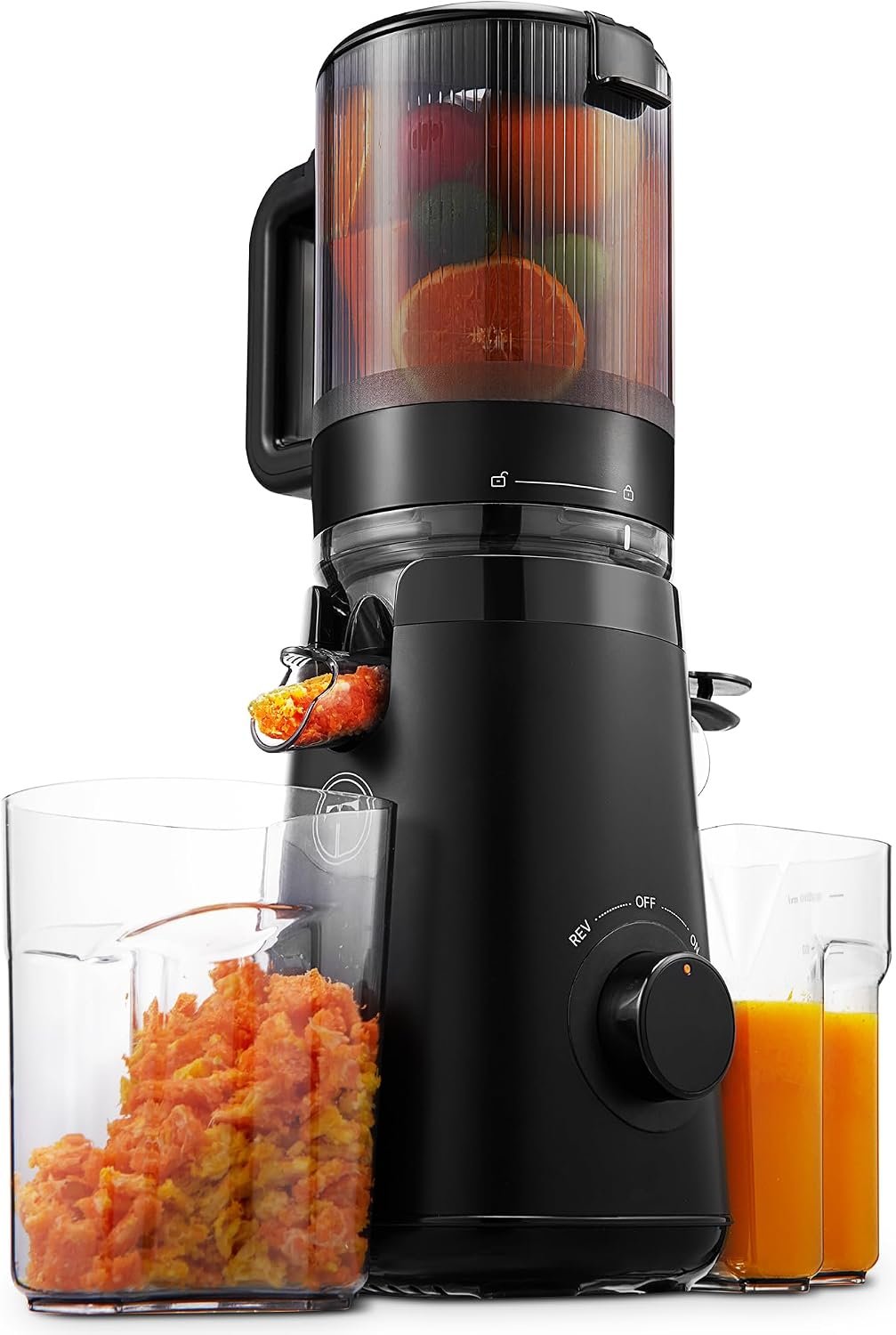 TUUMIIST Juicer Machines, Cold Press Juicer with 5.8″ Extra Large Feed Chute Fit Whole Fruits & Vegetables Easy to Clean, High Juice Yield, BPA Free (Black)