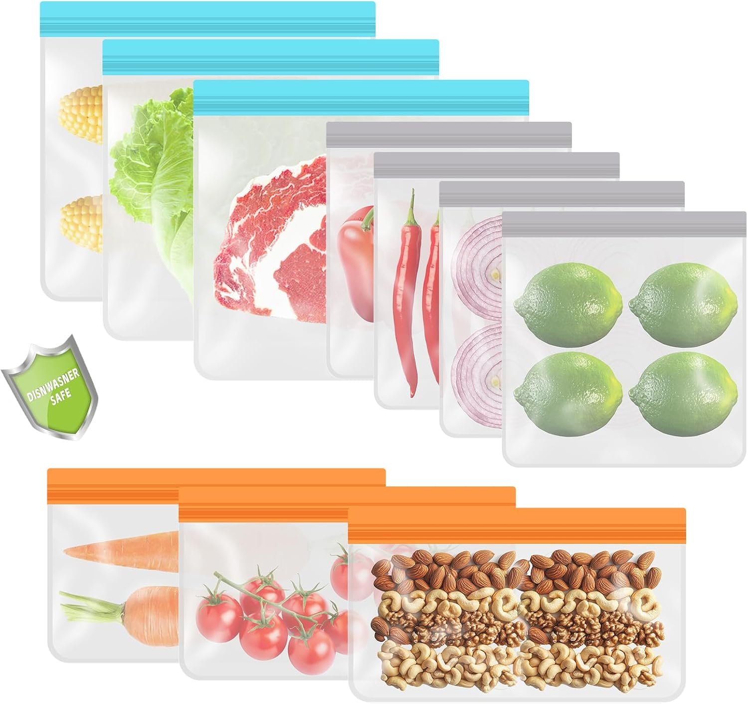 10 Pack Leakproof Reusable Freezer Bags, BPA Free Food Storage Bags, Salad Fruit, Vegetables, Traval, Home Organization Dishwasher Safe – 3 Gallon 3 Snack 4 Sandwich Bags
