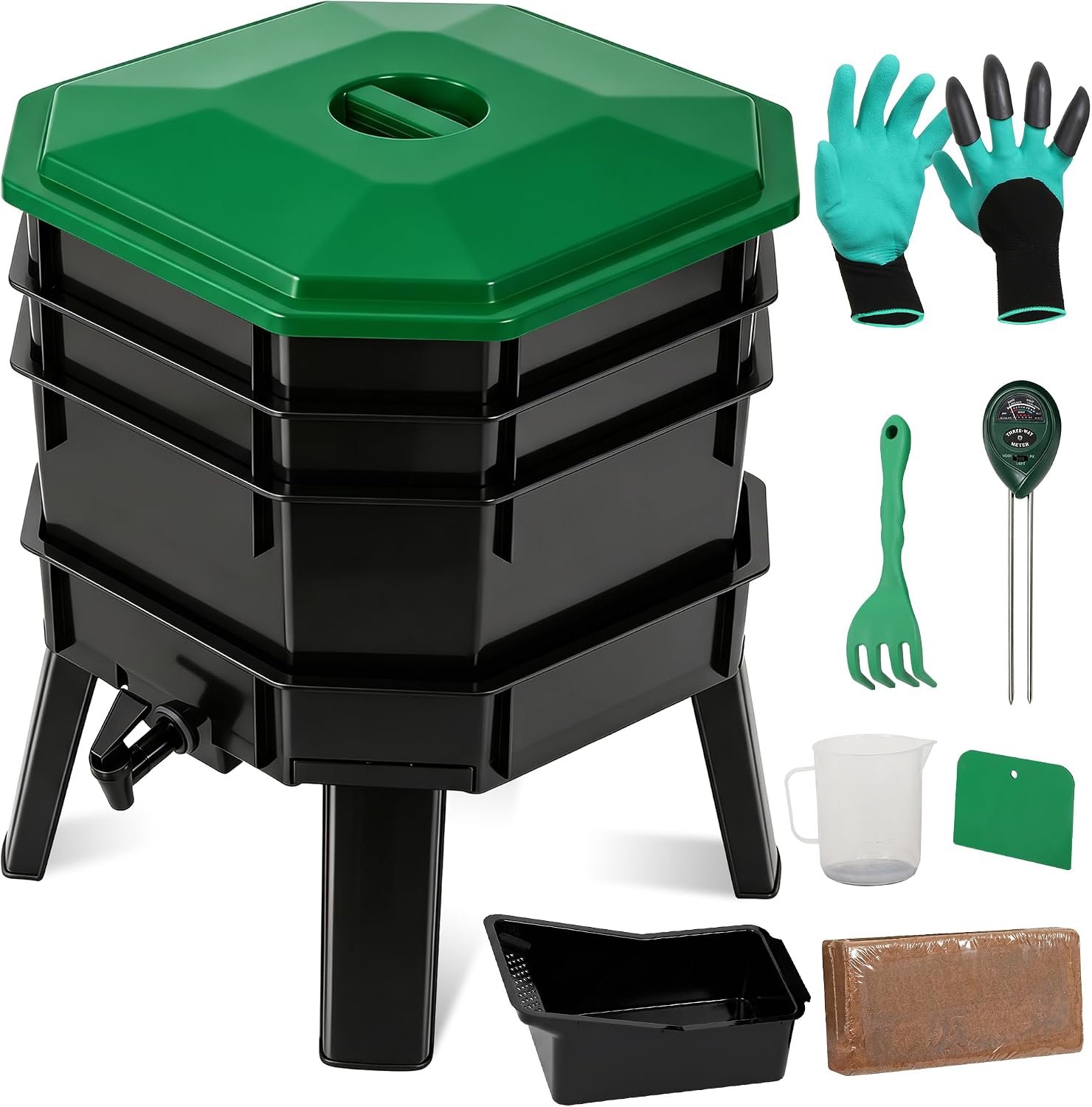 JupiterForce Worm Compost Bin, 3-Tray Worm Composter for Indoor & Outdoor, Stackable Worm Farm Kit with Soil Meter, Coco Coir and Gardening Tools (43.5L)