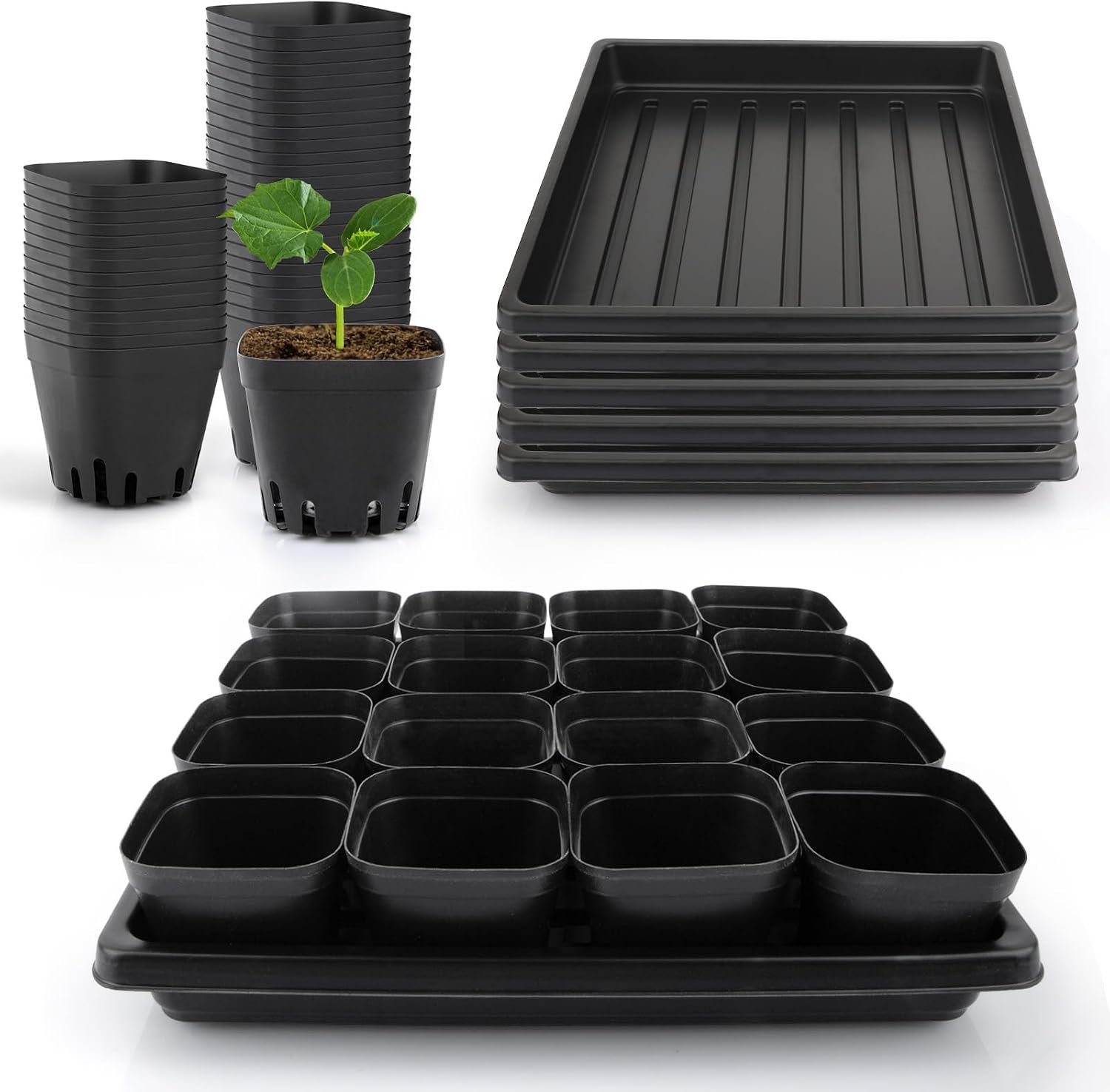 80Pcs 2.5inch Square Nursery Pots with 5Pcs Seed Starting Trays, Seed Starter Tray Kit, Seeds Starting Germination, Seeding Pots with Drain Holes, Small Plant Nursery Propagation
