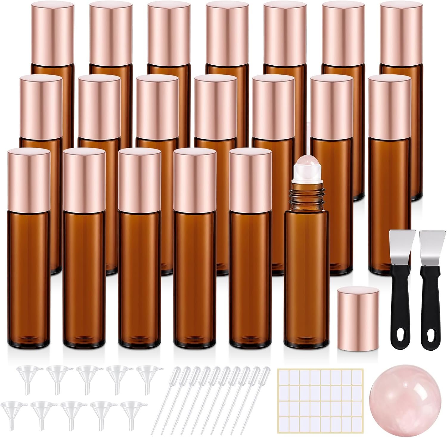 20 Pack Glass Roller Bottles for Essential Oils, 10ml, Pink, Rose Quartz