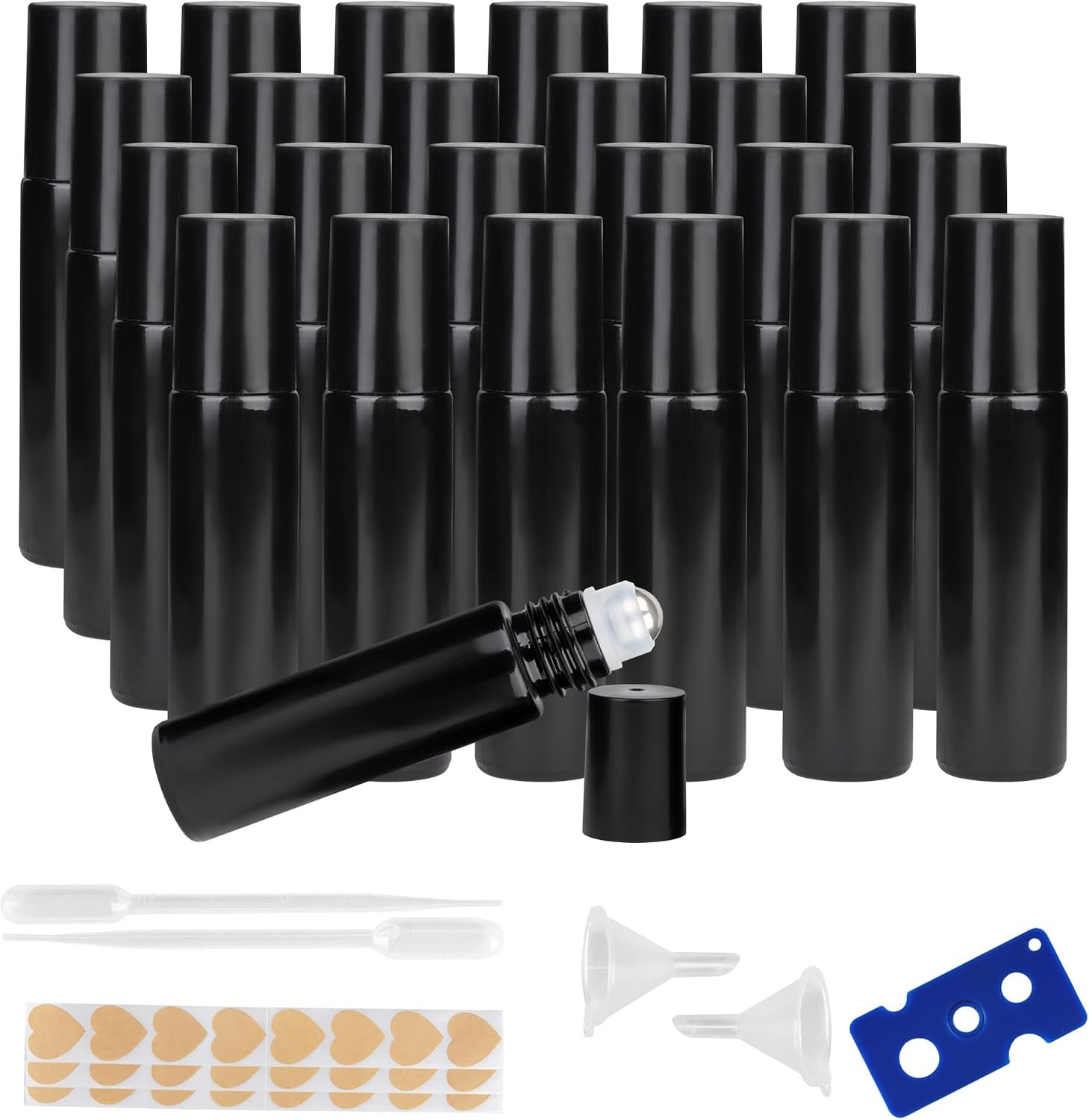 10ml Glass Essential Oil Roller Bottle, 24PCS Black Essential Oil Roller Bottles with Stainless Steel Rollers – Refillable, Leak-Proof Design, Suitable for Travel and DIY Skincare Products.