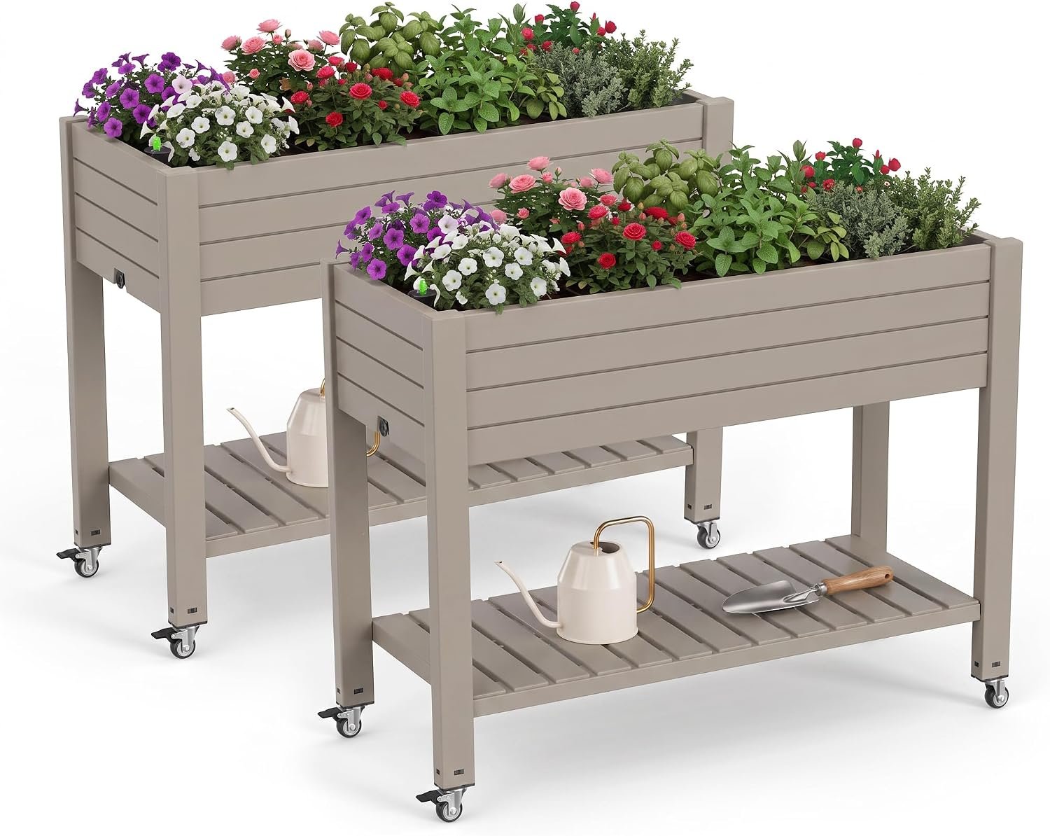 2 Outdoor Patio Raised Garden Bed Elevated Planter Box Resin Plant Stand Gardening with Storage Shelf Legs Wheels Drainage Water Gauge,Grey