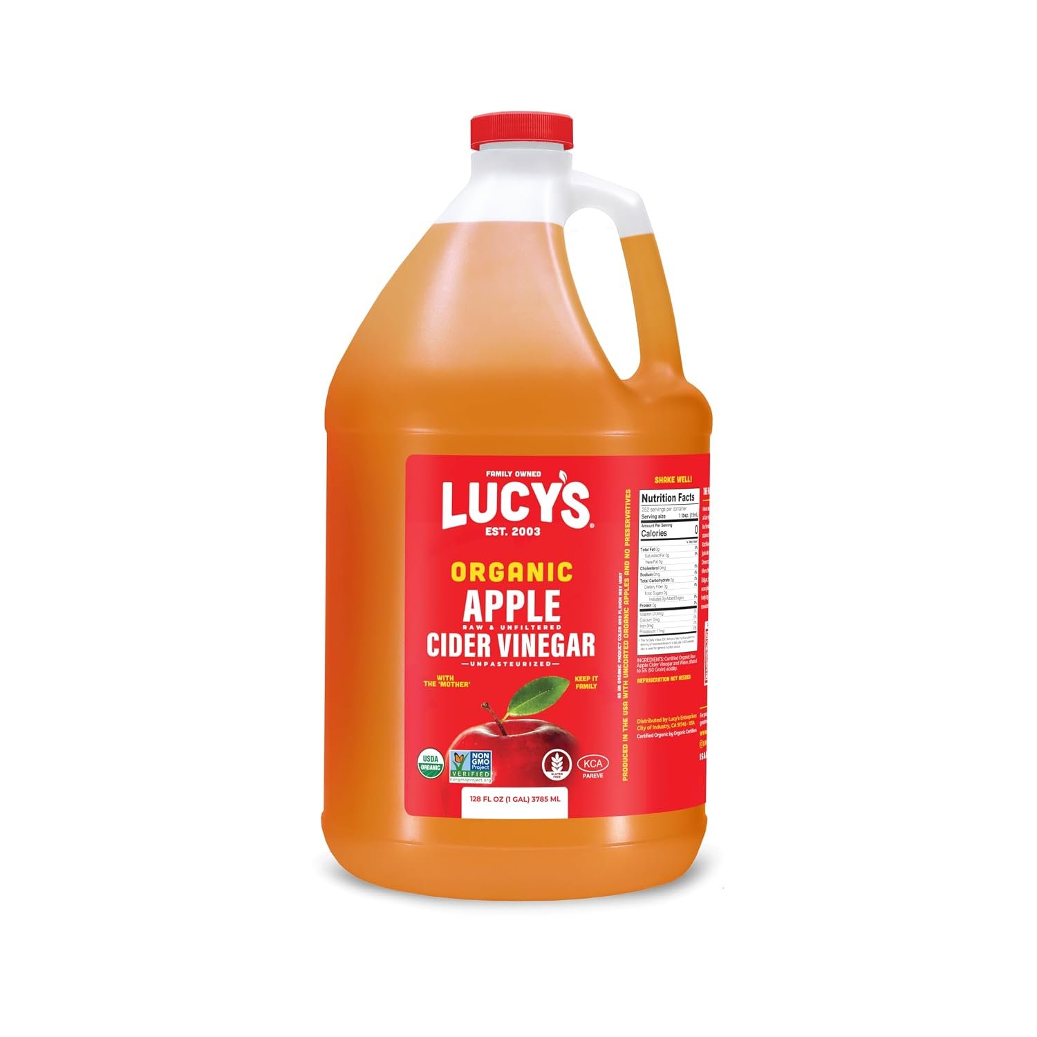 Lucy’s Family Owned – GALLON SIZE, Organic, With the Mother, Apple Cider Vinegar, Unfiltered, Unpasteurized, NonGMO, and Raw