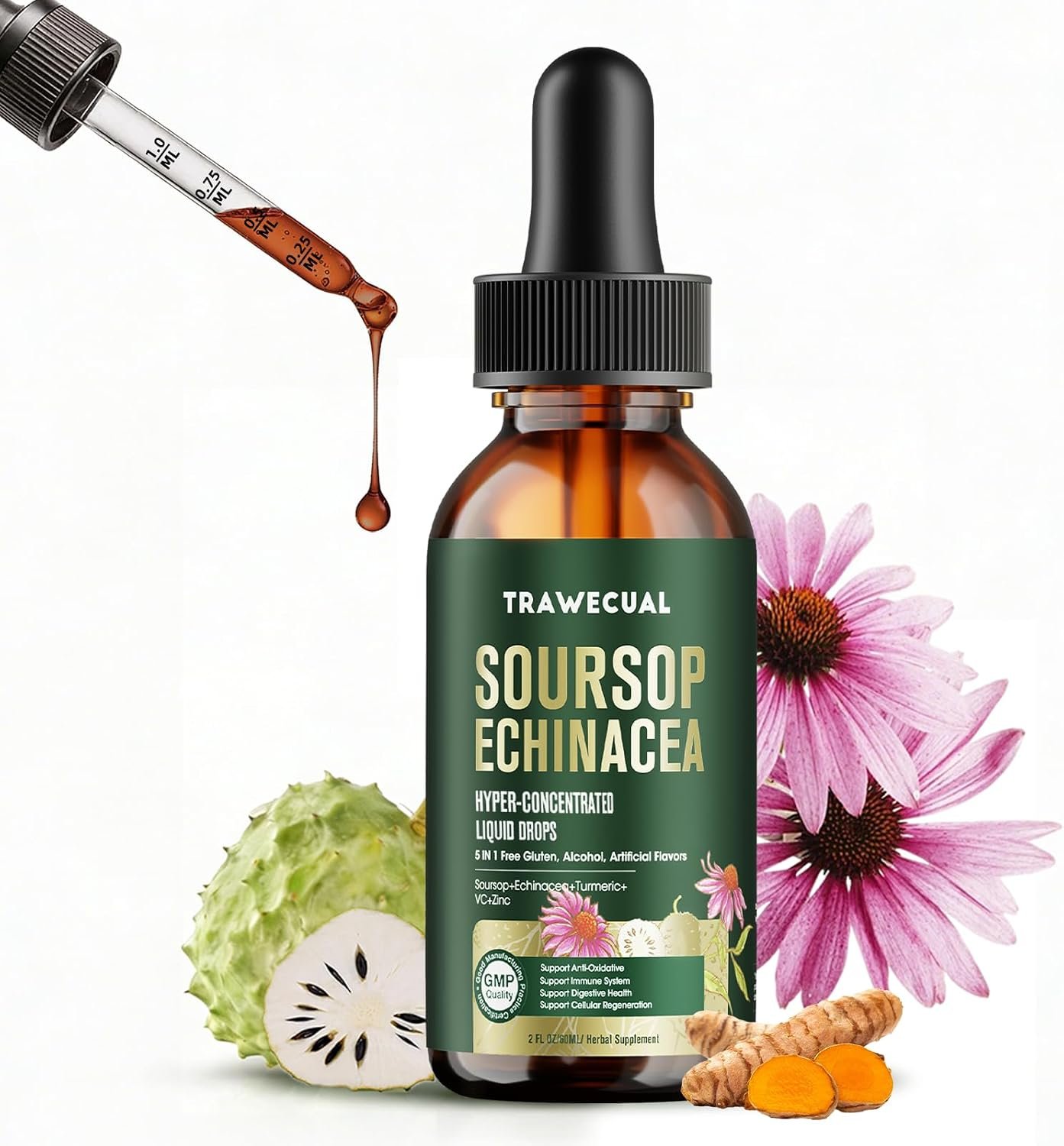 5-in-1 Soursop Graviola Liquid Drops 1000mg with Echinacea 300mg, 2 FL OZ