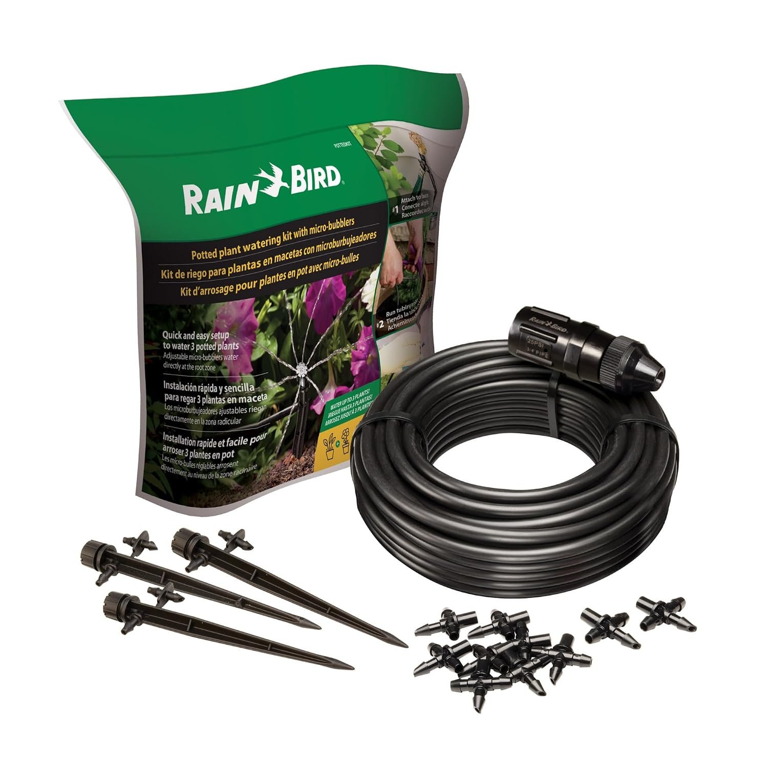 Rain Bird POTTEDKIT Drip Irrigation Kit, Full Circle, 1/4″