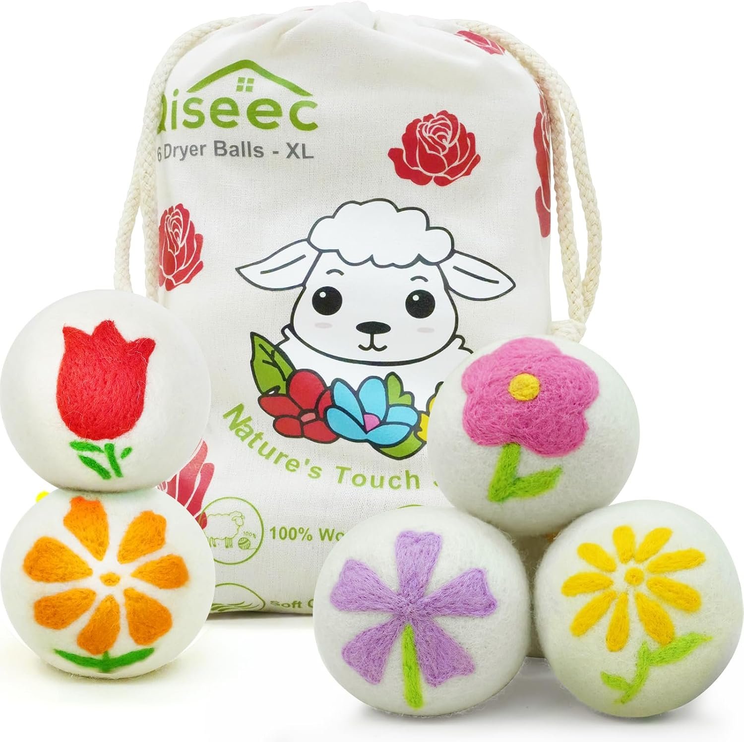 Wool Dryer Balls 6-Pack XL – Unique Petal Embroidery, Natural Reusable Laundry Fabric Softener, Reduces Wrinkles & Drying Time, Hypoallergenic & Leaves Fabrics Naturally Soft and Fluffy