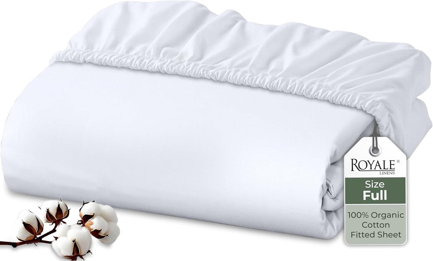 Royale Linens 100% Organic Cotton Fitted Sheet – Percale Weave – Super Soft Deep Pocket Bottom Sheets – White Elastic Sheet Full Size – Full Fitted Sheets Only – (54″x75″+15″, White)