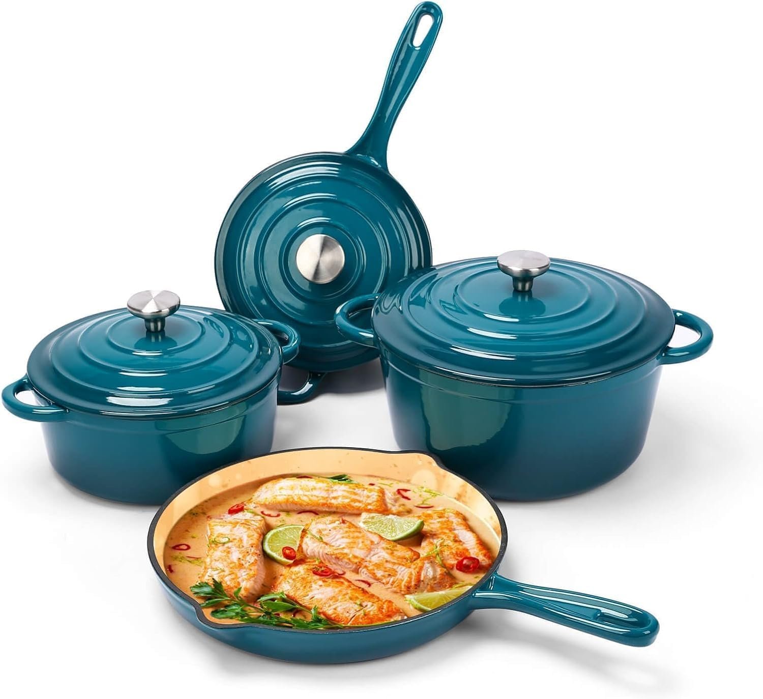 Hisencn Enameled Cast Iron Cookware Set,7 Piece Dutch Ovens Set,Teal