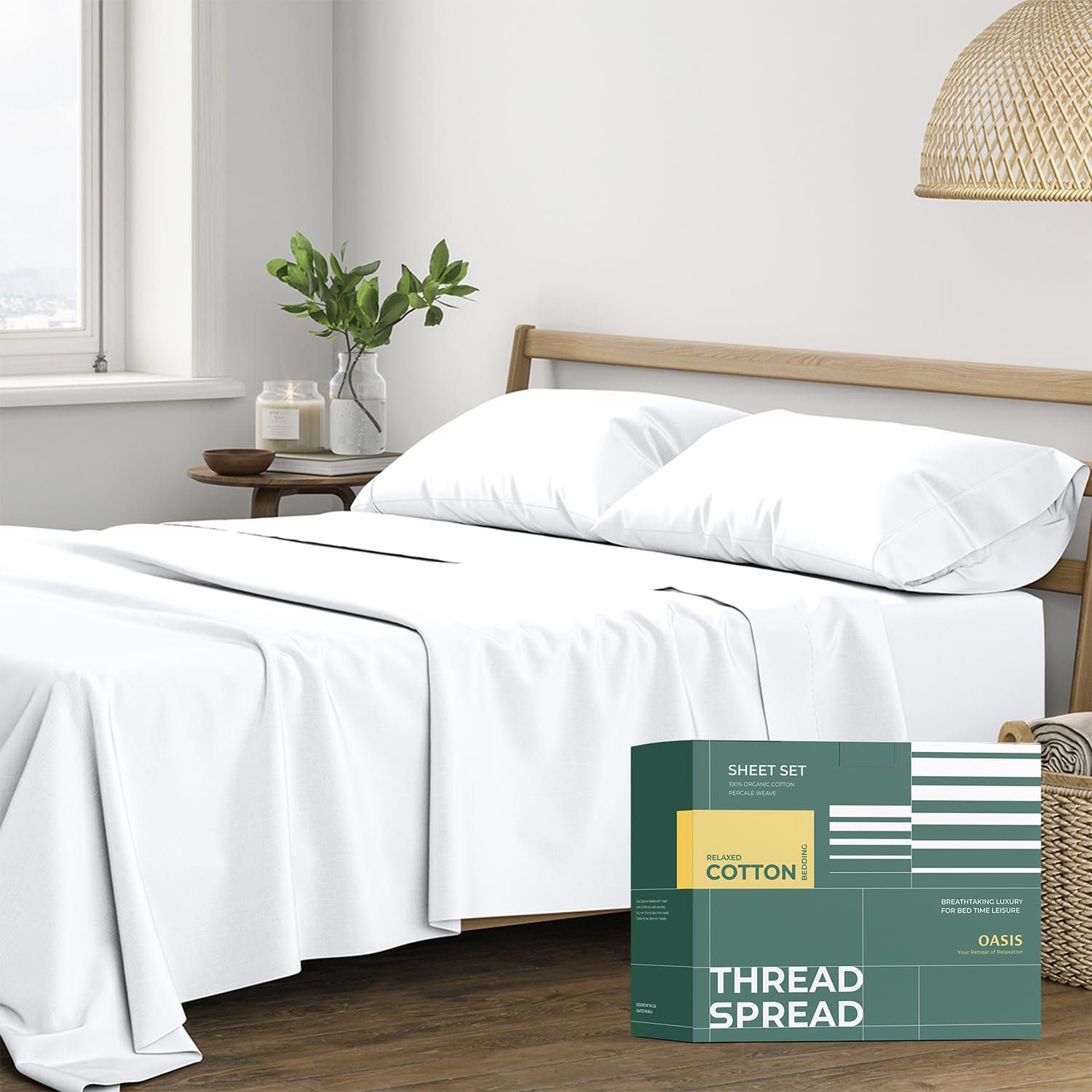 THREAD SPREAD 100% Organic Cotton Sheets – Organic Cotton Percale Weave Sheet Set, Soft, Cooling, Crisp & Breathable, 16″ Deep Pocket Hotel Quality Bedding Set – 4 PC, Queen White