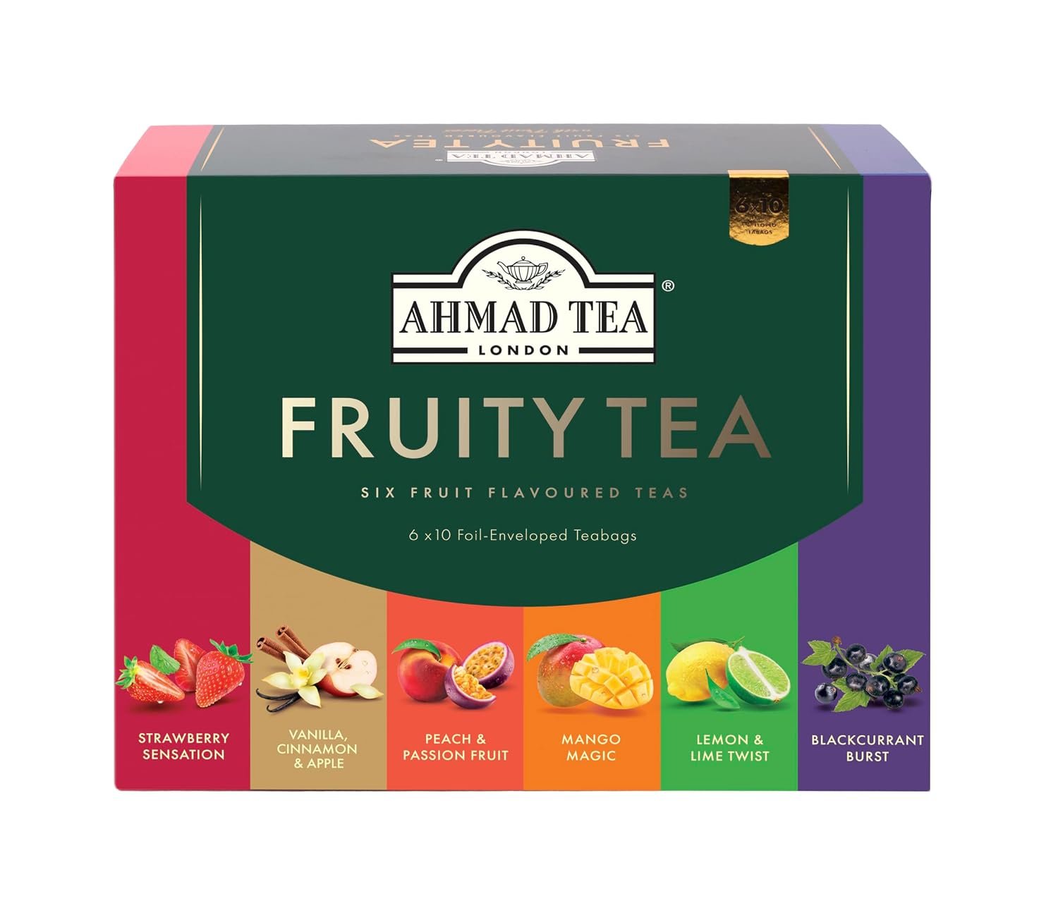 Ahmad Tea Black & Green Tea, Fruitytea Assorted Sampler Variety Gift Box, 60 Foil Teabags – Caffeinated & Sugar-Free