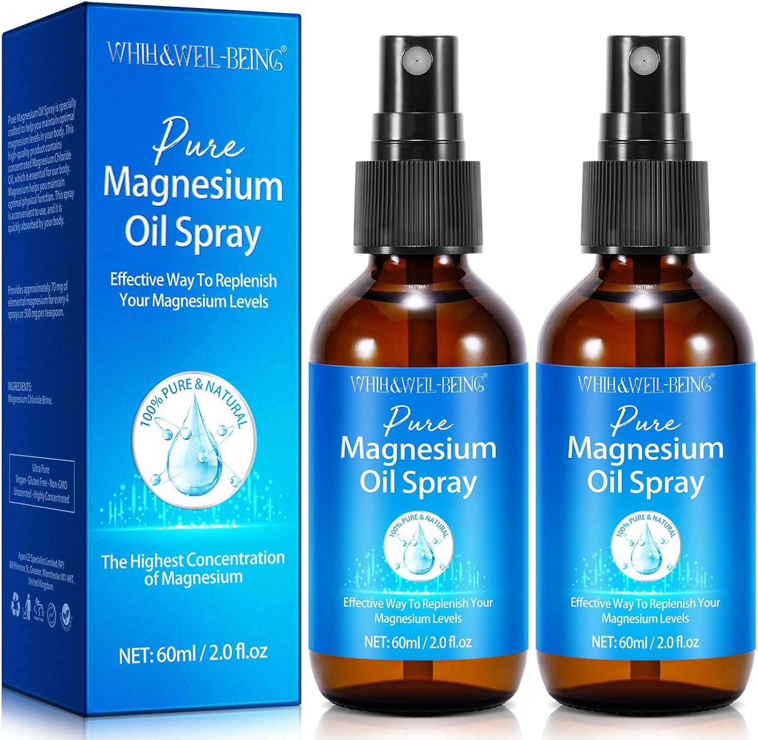 Magnesium Spray, Pure Magnesium Oil Spray for Feet, Natural Ingredient in Glass Bottle, Easy to Absorb and Use 2Pack