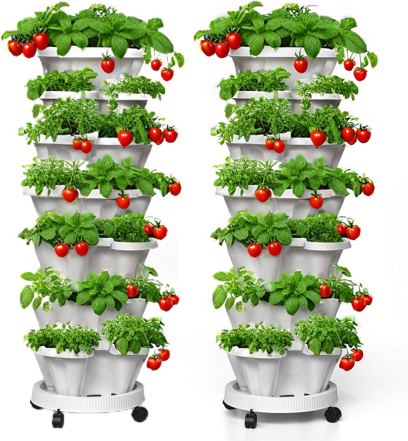 7 Tiered Strawberry Planters 2 Pack, Vertical Stackable Planter, Herb Stacking Tower Garden, Flower and Vegetable Planters with Support Pole Indoor & Outdoor with Removable Wheels – White