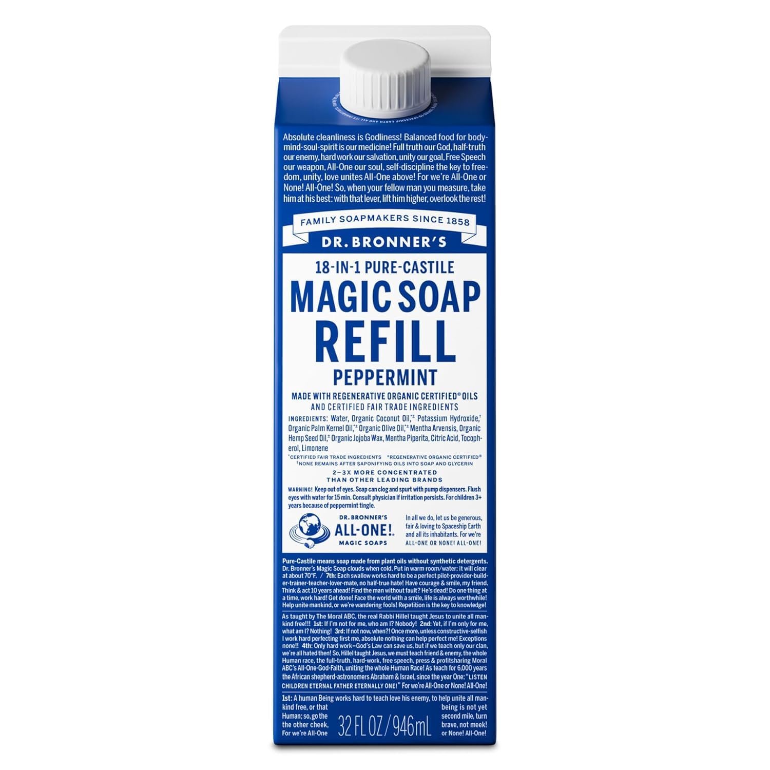 Dr. Bronner’s Pure-Castile Liquid Magic Soap Refill – Made with Regenerative Organic Certified Oils, 86% Less Plastic – 18-in-1 Uses for Face, Body Wash, Hand Soap Refill & More – Peppermint, 32oz