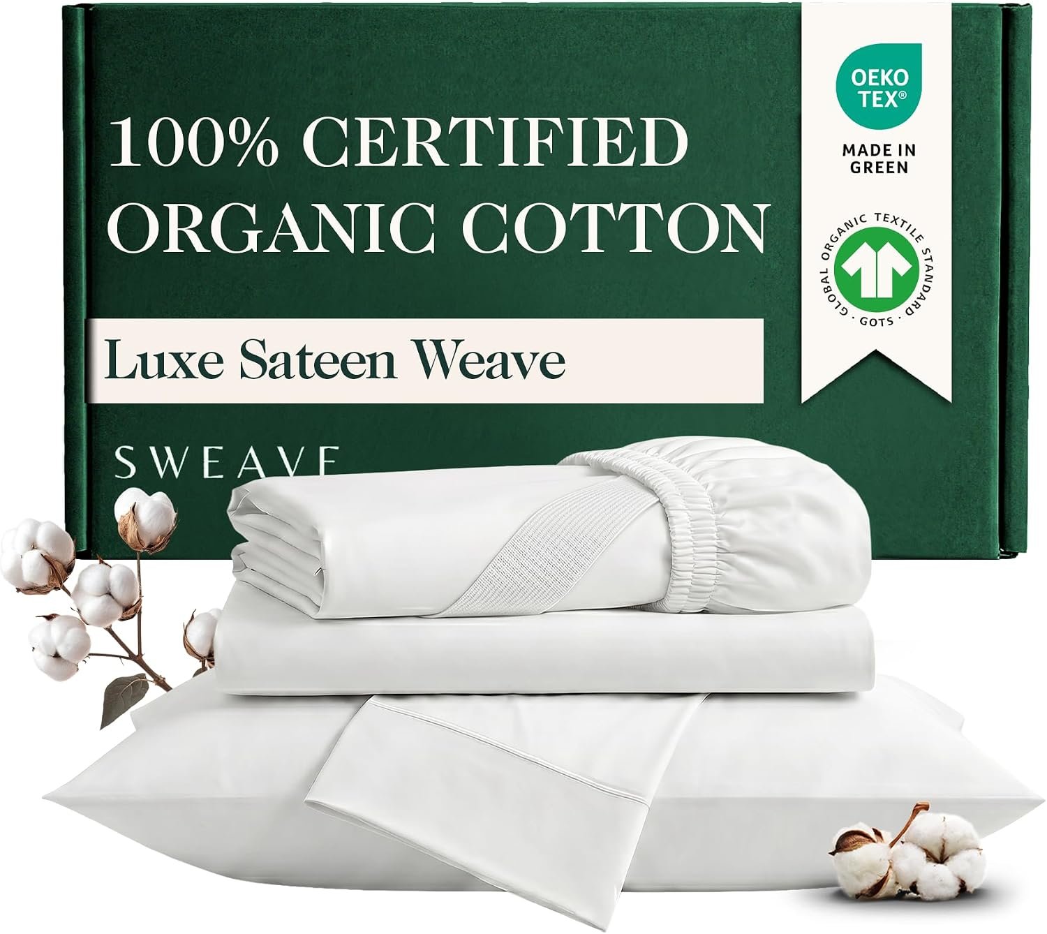100% Certified Organic Sateen Weave Cotton Sheets King Size, 4 Pcs, White