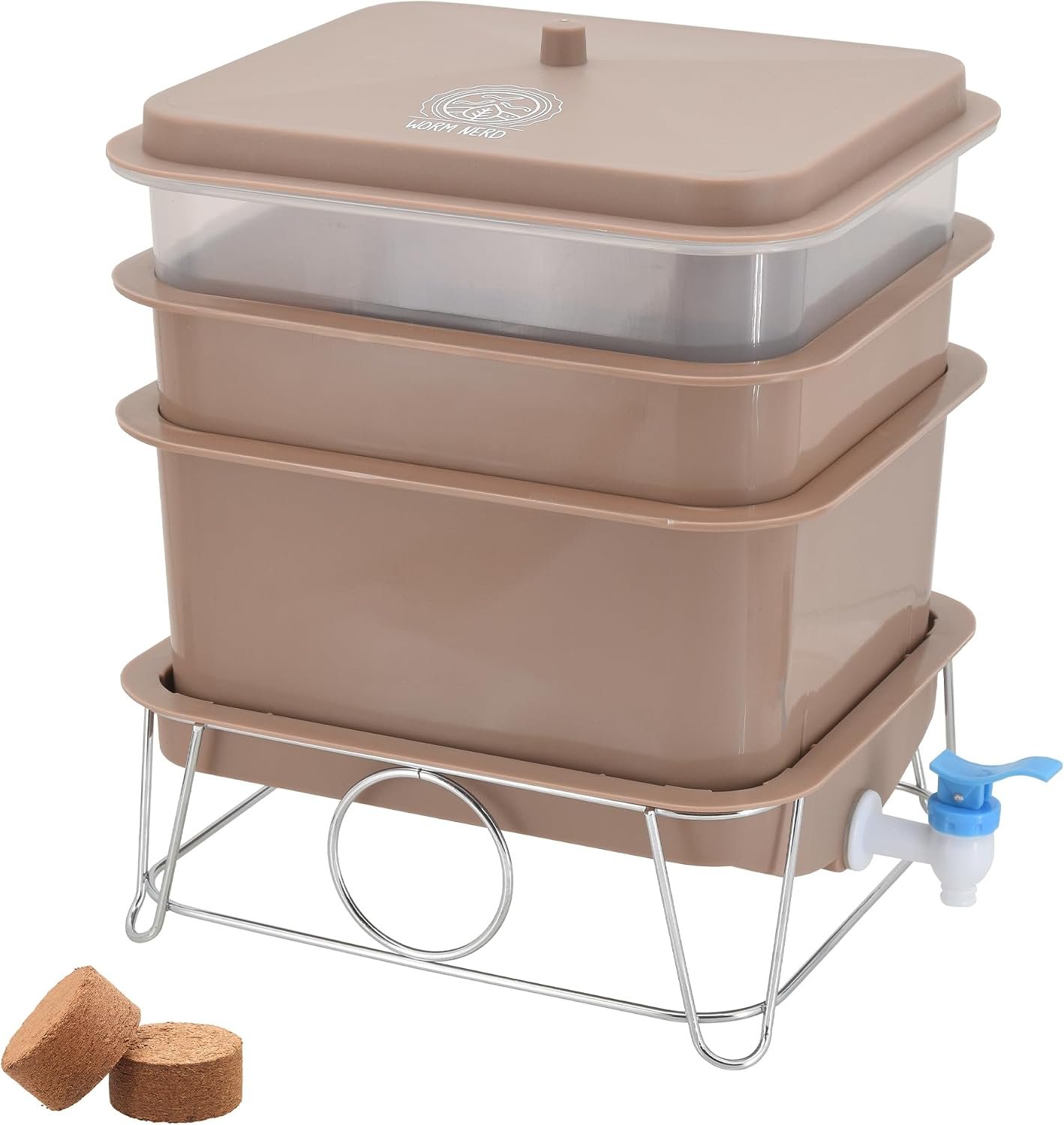 Arcadia Garden Products Worm Nerd WN55 4-Tray Worm Composting Bin Kit with Coco Coir Brick for Recycling Food Waste, Worm Castings, Worm Tea, Vermiculture and Vermicomposting, Tan