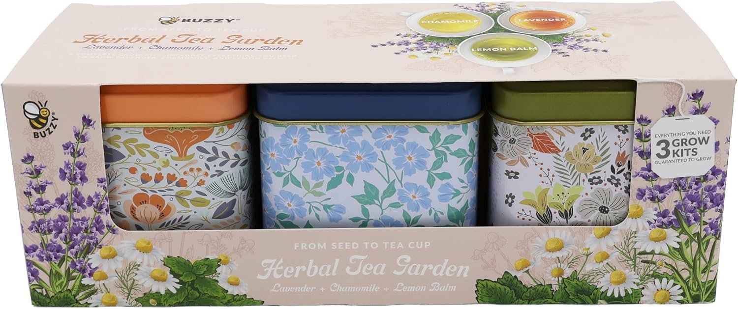 Buzzy Seeds Herbal Tea Garden Kit 3-Pack, Printed Metal Planters, Herbs