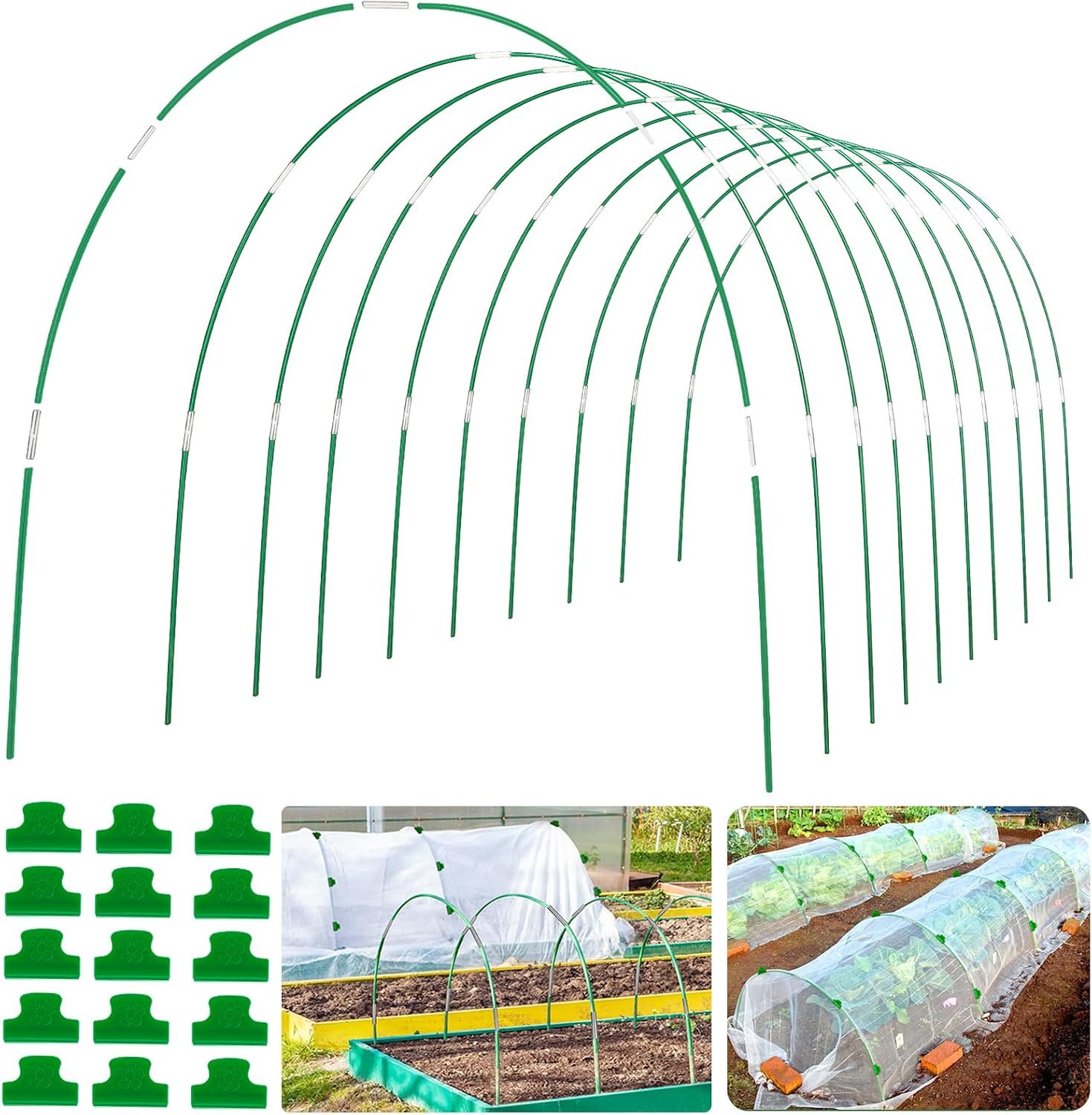 60Pcs Greenhouse Hoops Grow Tunnel Wide, 8FT Rust-Free Fiberglass Support Garden Hoops Kit for Raised Beds Plant Cloth Row Cover Netting-DIY Plant Support Garden Hoop for Netting-40Pcs Clips