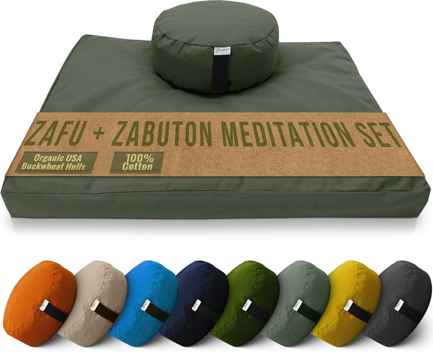Bean Products Meditation Cushion Mat Set – Zafu Floor Pillow Organic Buckwheat Pillow + Cotton Filled Zabuton Prayer Pad – Meditation Pillow Yoga Knee Pad – Made in USA – 14″ Round or 18″ Oval