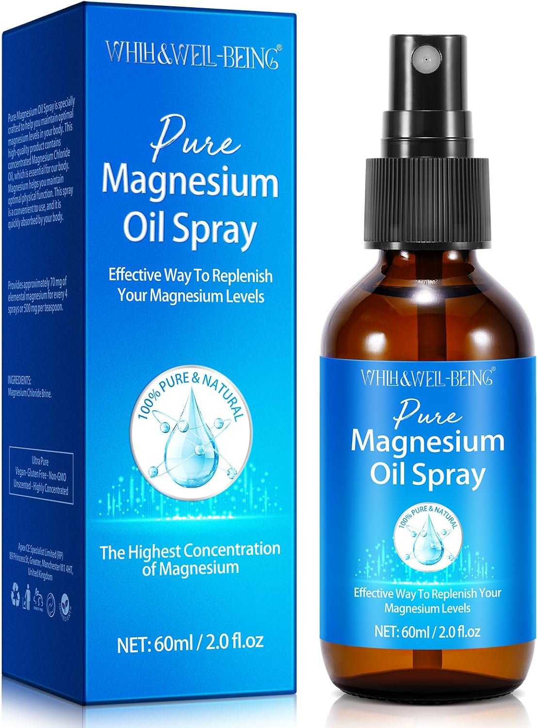 Magnesium Spray, Pure Magnesium Oil Spray for Feet, Natural Ingredient in Glass Bottle, Easy to Absorb and Use 1Pack