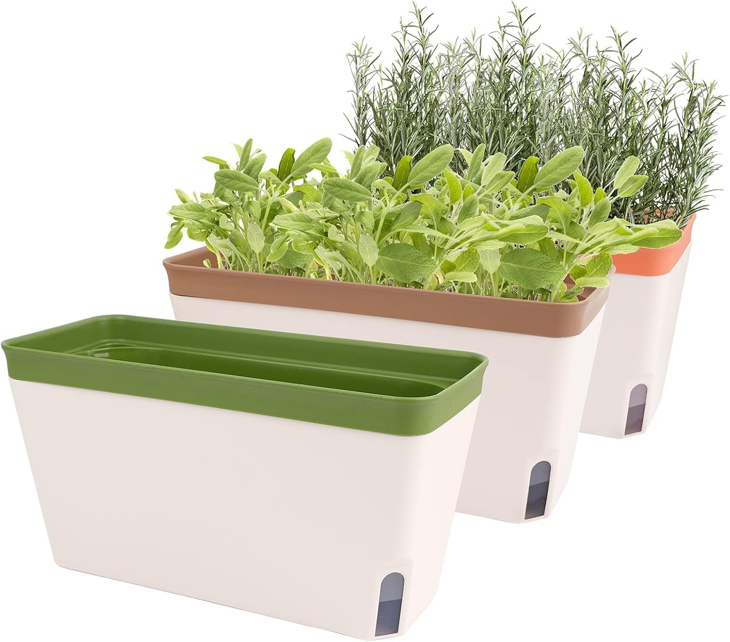 OurWarm Windowsill Herb Planter Box Indoor Set of 3, 10.5 Inch Self Watering Planter Pots with Visual Water Level Window, Modern Plastic Plant Pots for Herbs, Vegetables, Succulents Plants