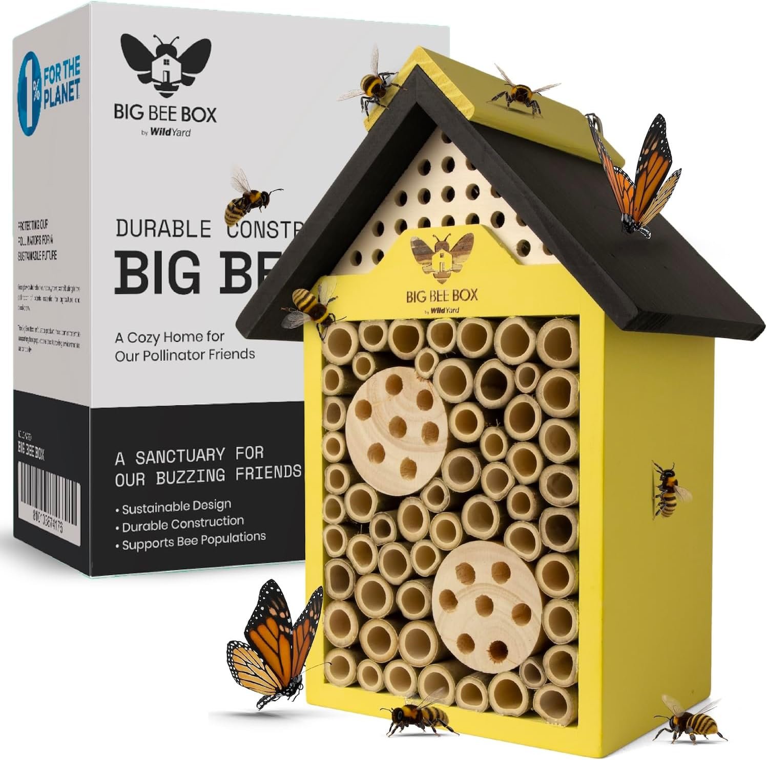 WildYard Bee House for Garden – Yellow with Nesting Tubes, Easy Mount